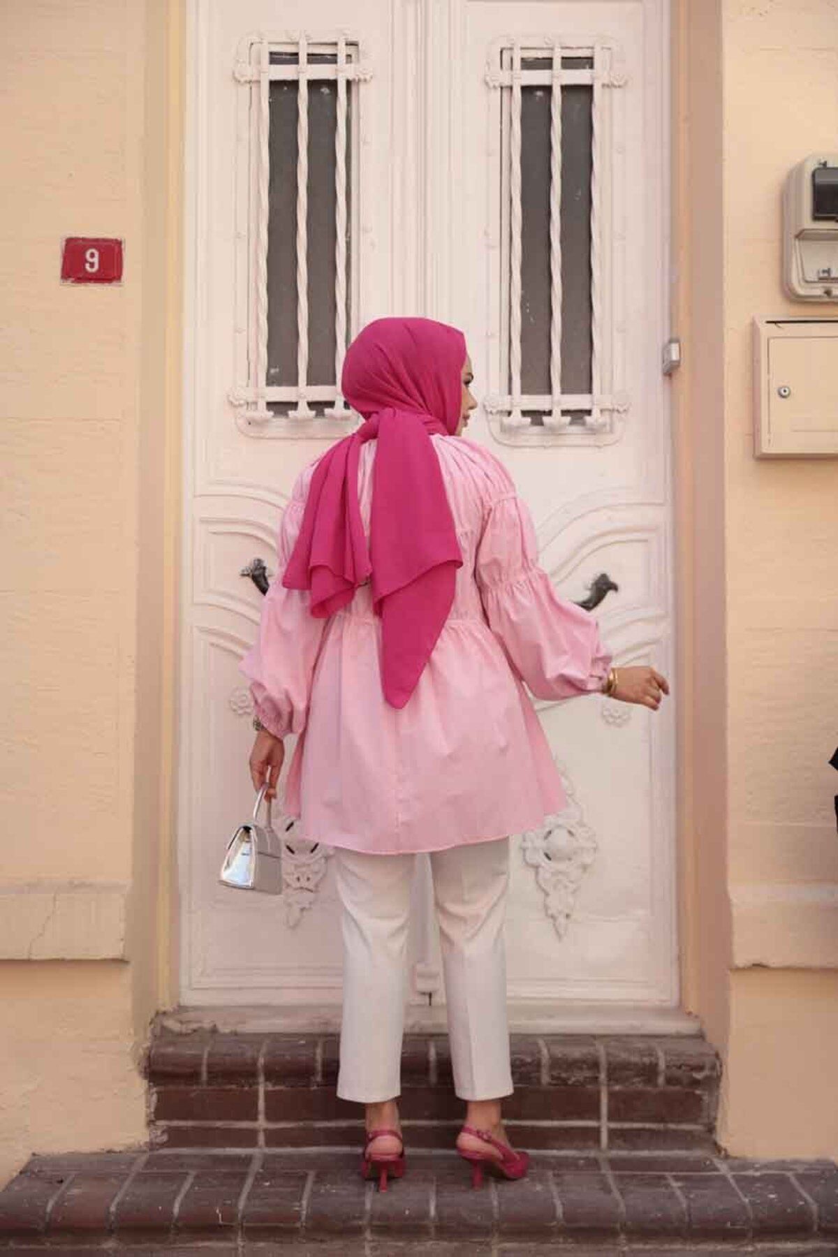 N.S NEVA STYLE-Pink Hijab Tunic with Gather Detail 101033P 3