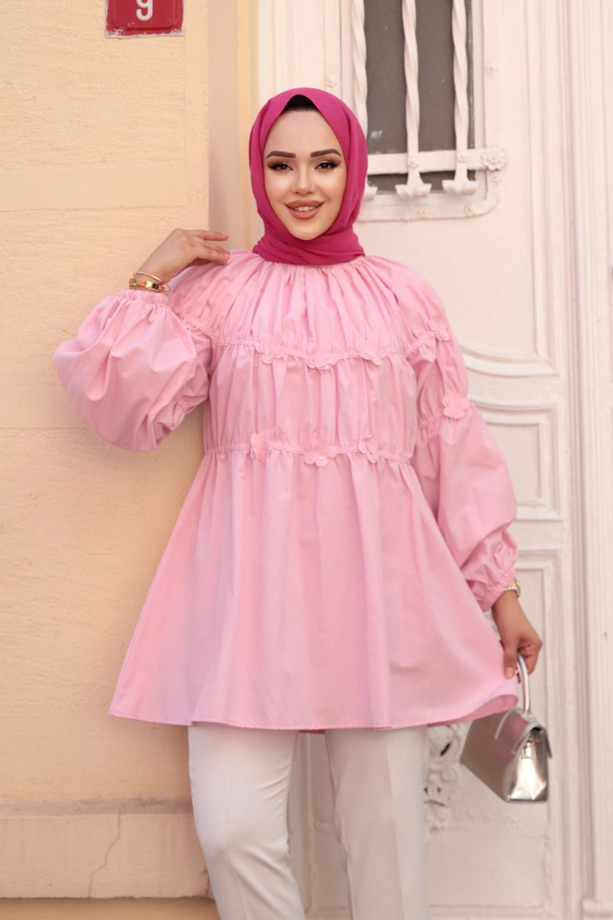 N.S NEVA STYLE-Pink Hijab Tunic with Gather Detail 101033P 1