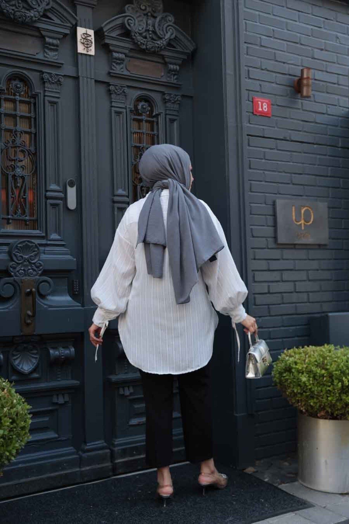 N.S NEVA STYLE-Striped Ecru Hijab Tunic 101016E 4