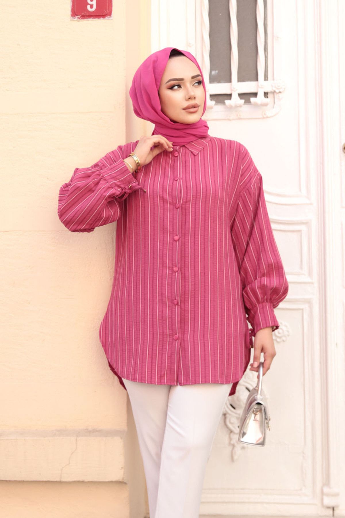 N.S NEVA STYLE-Striped Fuchsia Hijab Tunic 101016F 2