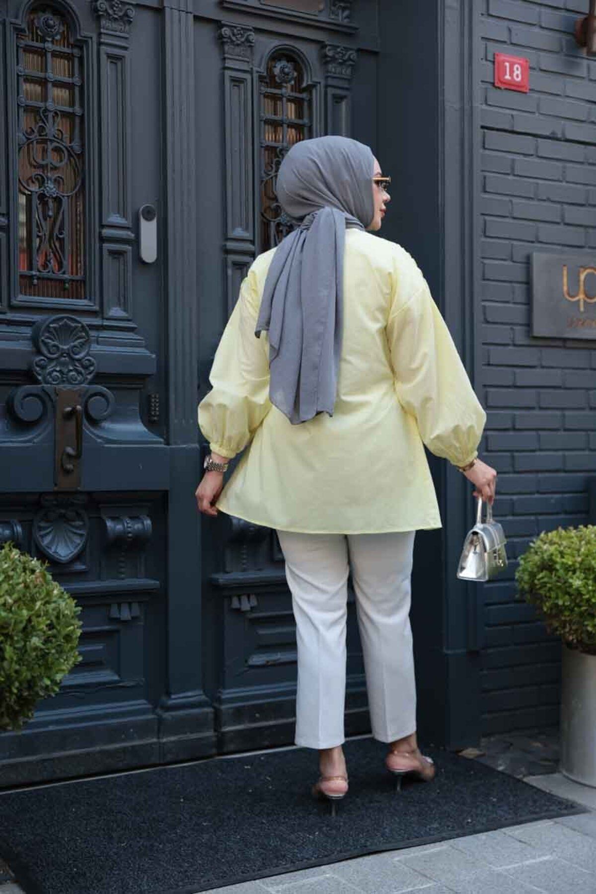 N.S NEVA STYLE-Yellow Hijab Tunic with Drawstring Detail 101042Sr 3