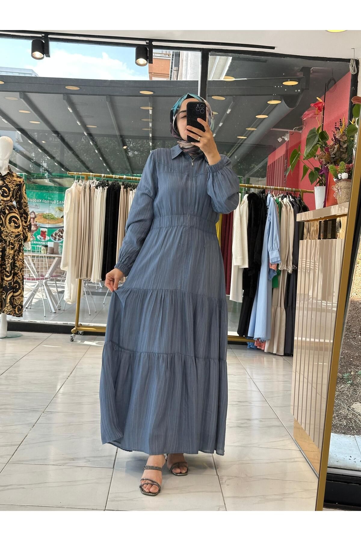 Cashmere Moda-Cotton Lined Front Zipper Self Patterned Elastic Waist Summer Thin Dress 1