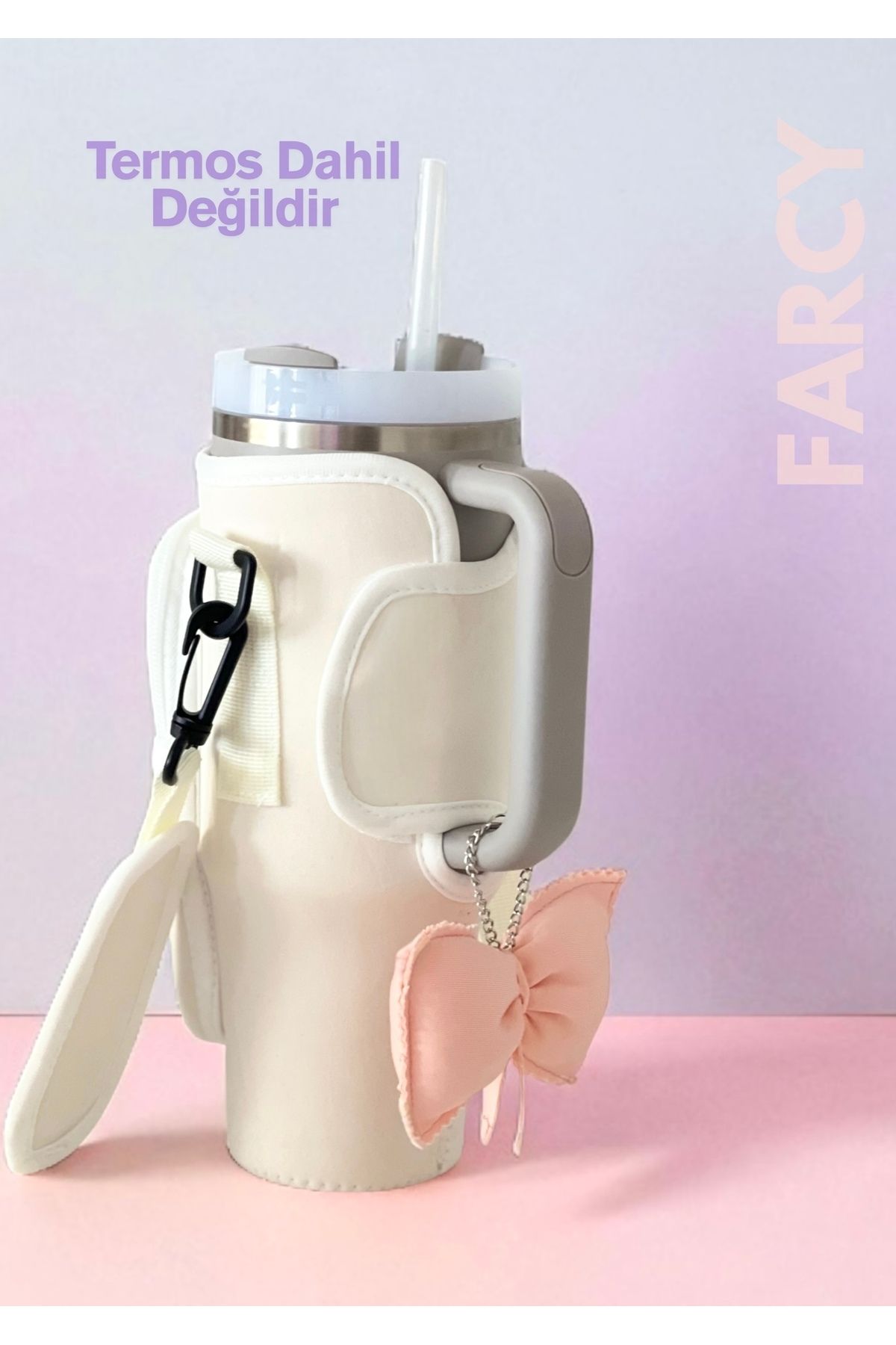 Stanley-Quencher 1.18 Lt Thermos Compatible Bag with Straw (White) and Bow Charm Set (Set of 2) 1