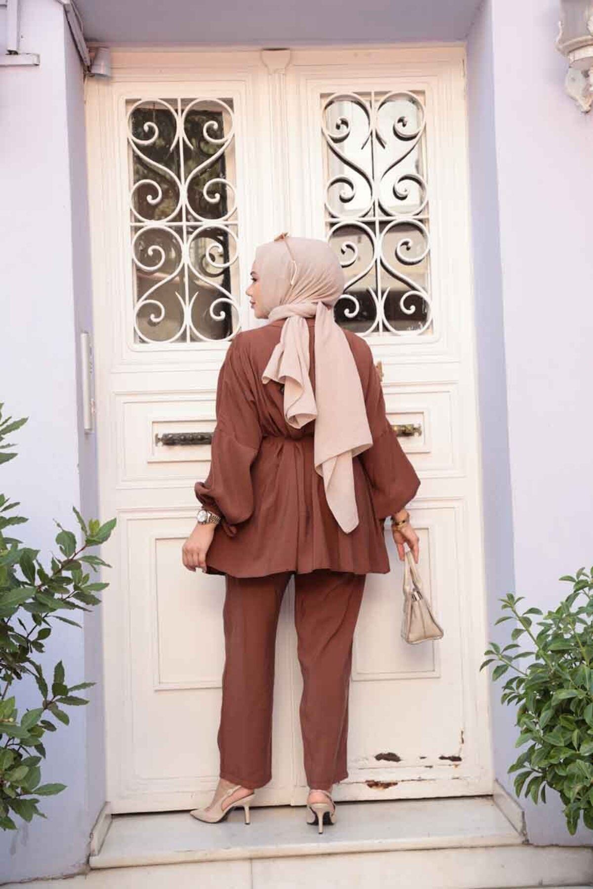 N.S NEVA STYLE-Pile Detailed Chocolate Hijab Double Set 19031Ck 4
