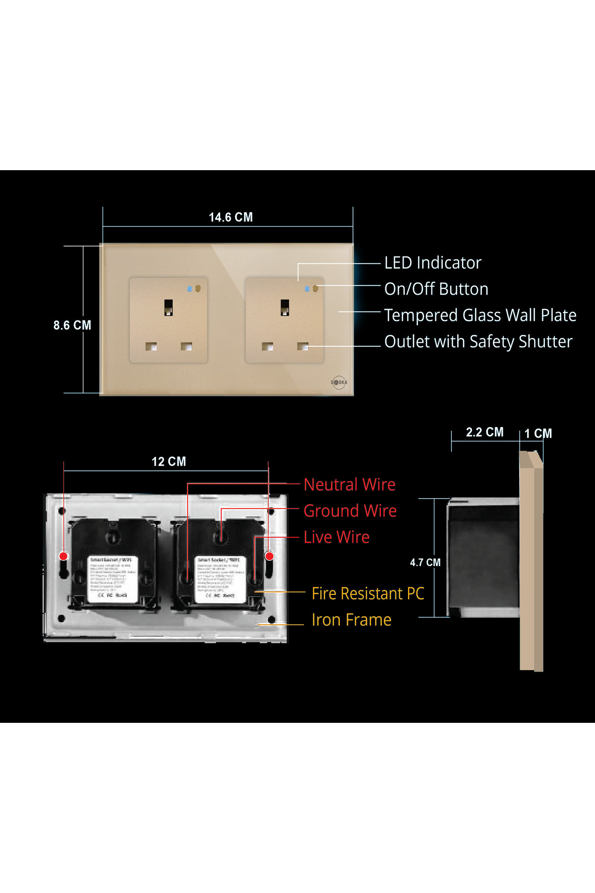 SASKA-Smart Wall Socket Outlet WiFi - App Control & Works with Alexa/Google (Gold, Double Socket) 8