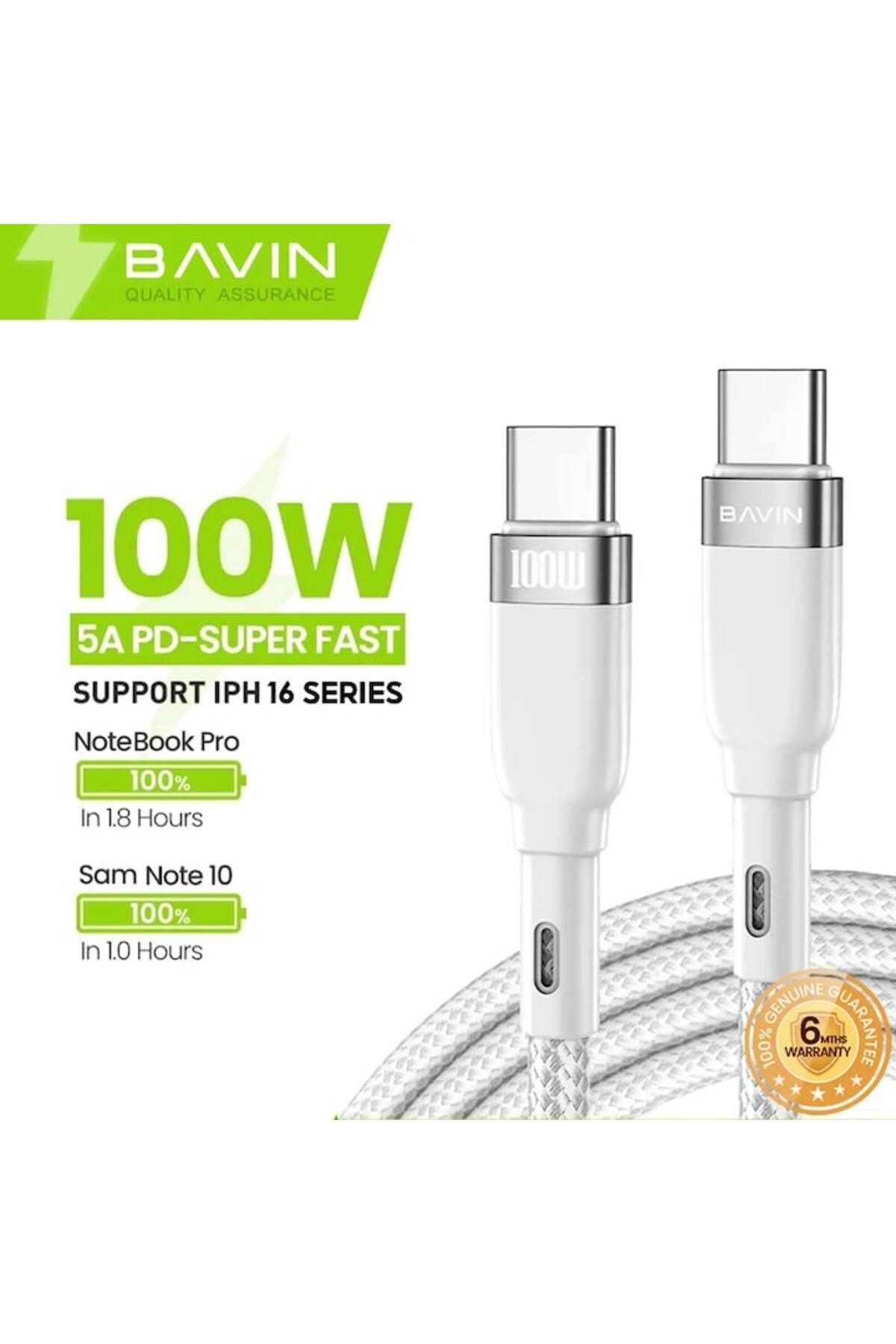 Bavin-Cablu de date și încărcare rapidă CB229 USB-C la USB-C, 100W, 1,5m, alb 2