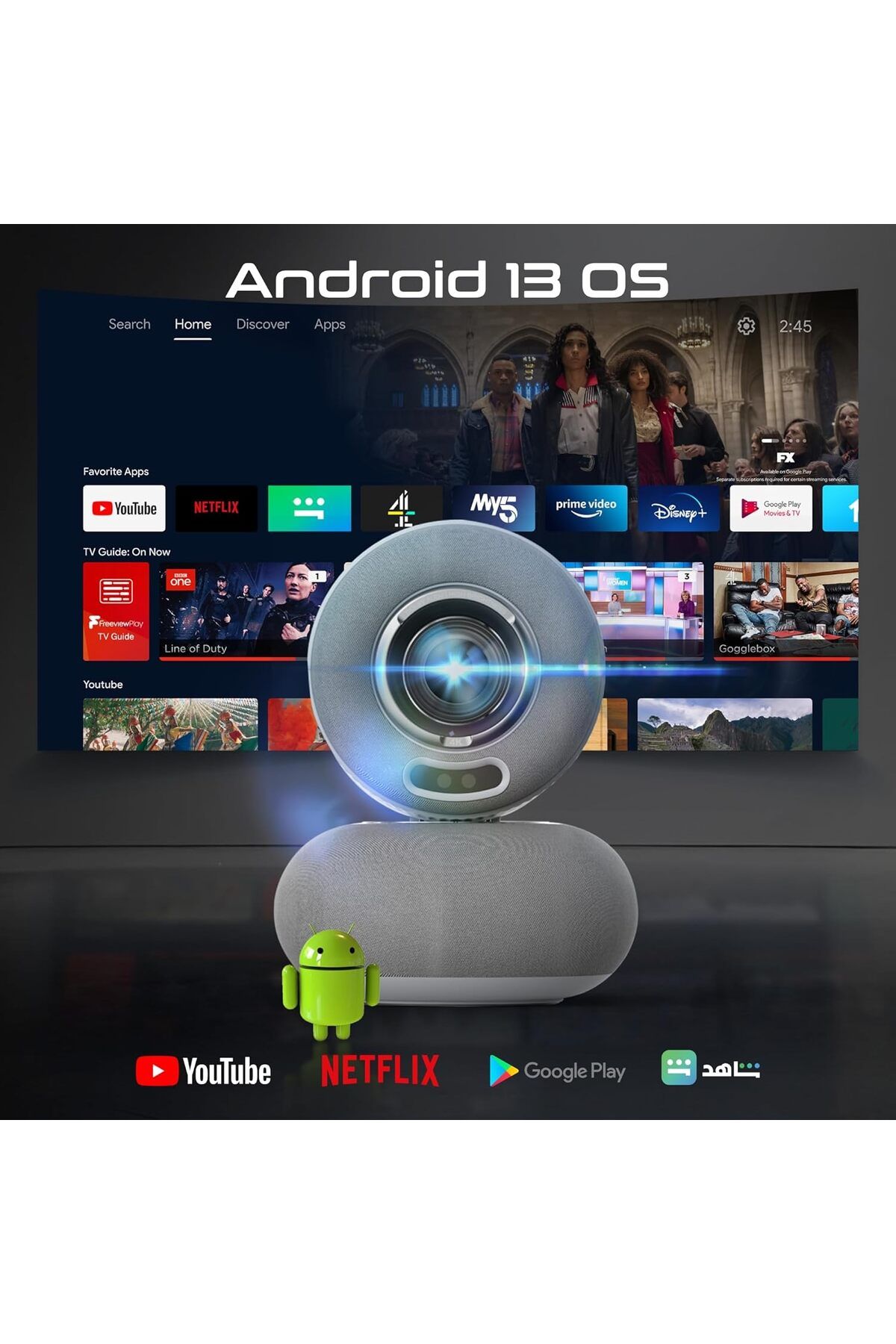 Promate-جهاز عرض LCD لاسلكي بدقة 4K مع نظام Android 13، 250 لومن ANSI، والتركيز التلقائي، وتصحيح الانحراف التلقائي 6