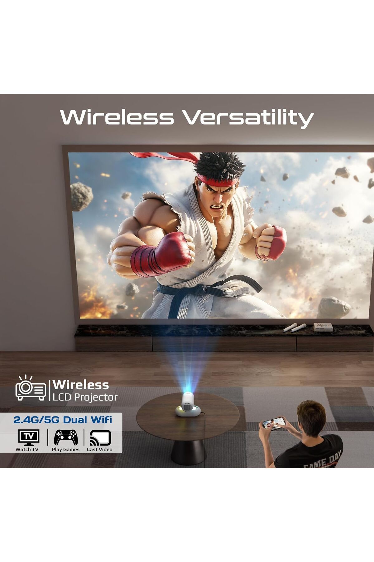 Promate-جهاز عرض LCD لاسلكي بدقة 4K مع نظام Android 13، 250 لومن ANSI، والتركيز التلقائي، وتصحيح الانحراف التلقائي 3