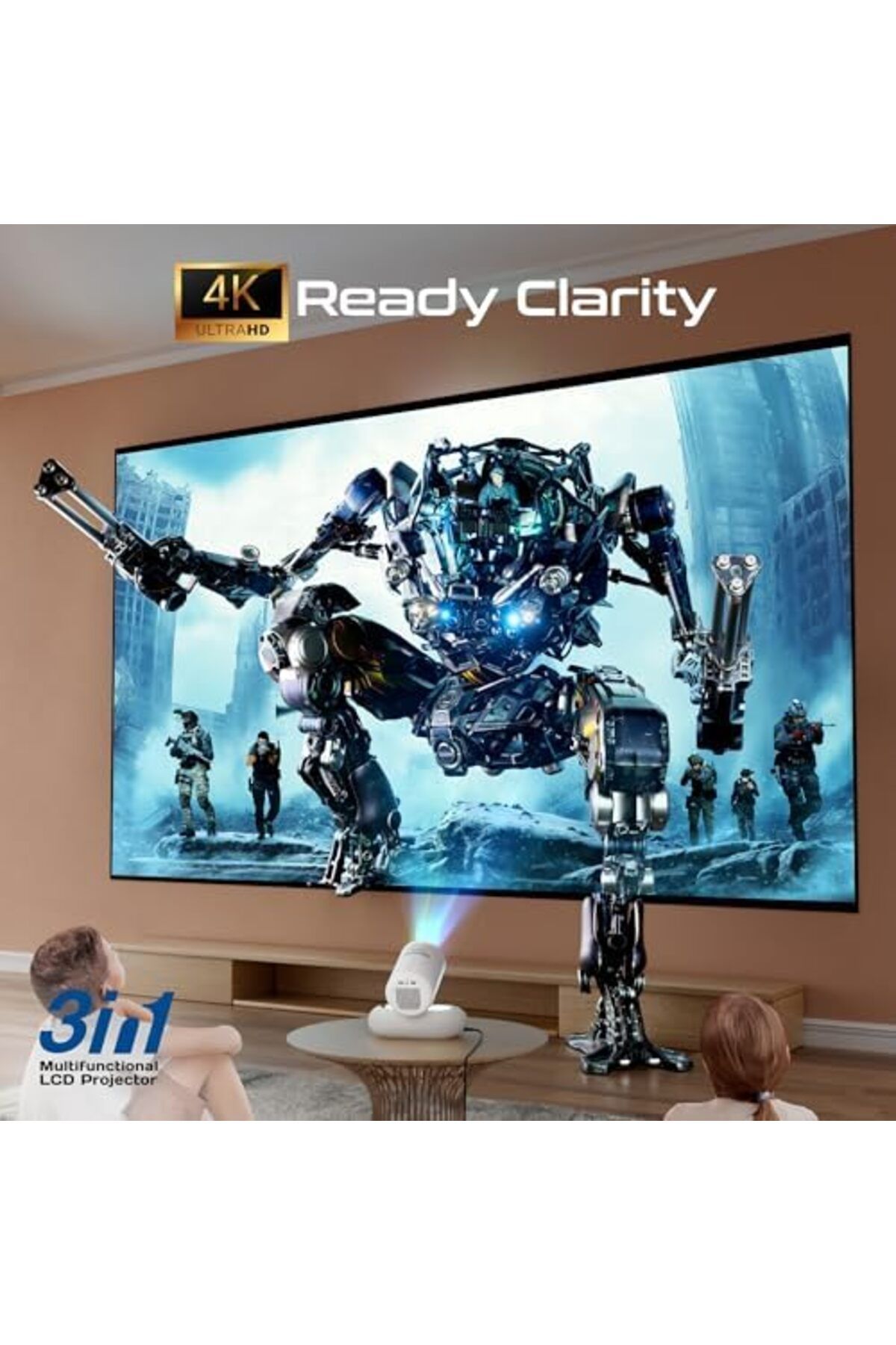 Promate-جهاز عرض LCD لاسلكي بدقة 4K مع نظام Android 13، 250 لومن ANSI، والتركيز التلقائي، وتصحيح الانحراف التلقائي 7