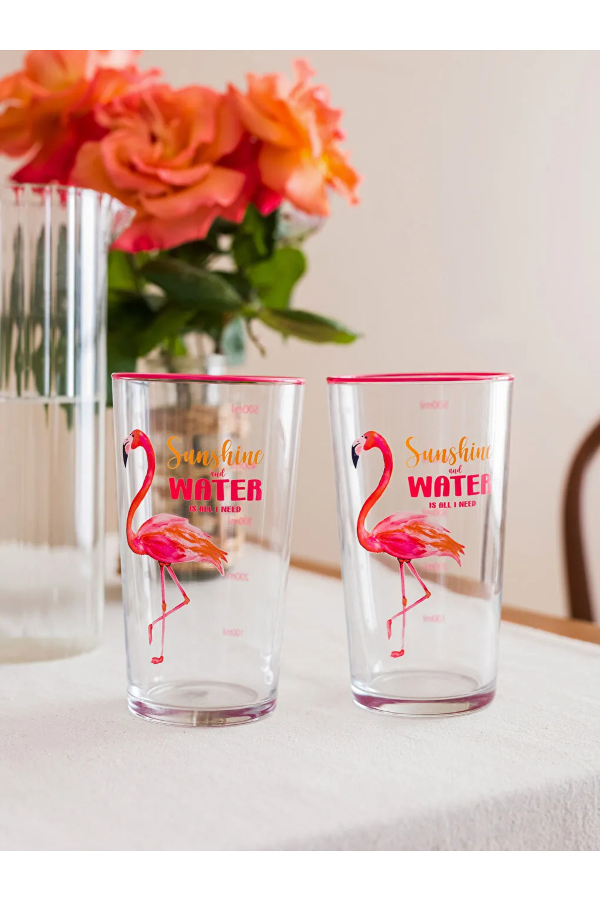 LC Waikiki-Lcw Home Mixed Flamingo Printed Glass Cup Set of 2 570 ml 1