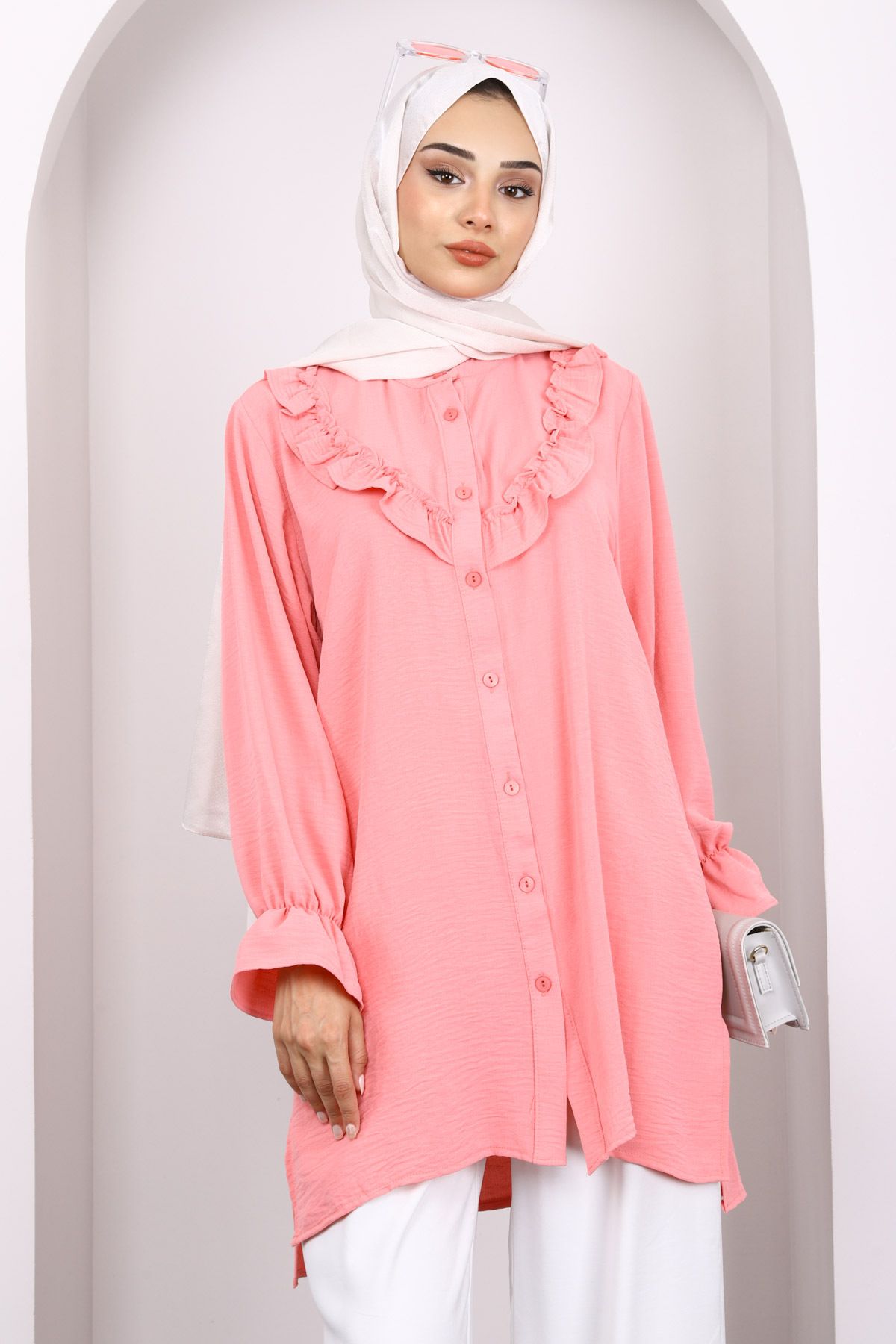 İmajButik-Pink Ruffled Front Ayrobin Tunic 1