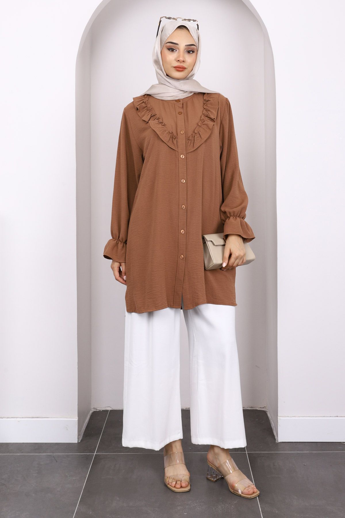 İmajButik-Brown Ruffled Front Ayrobin Tunic 2