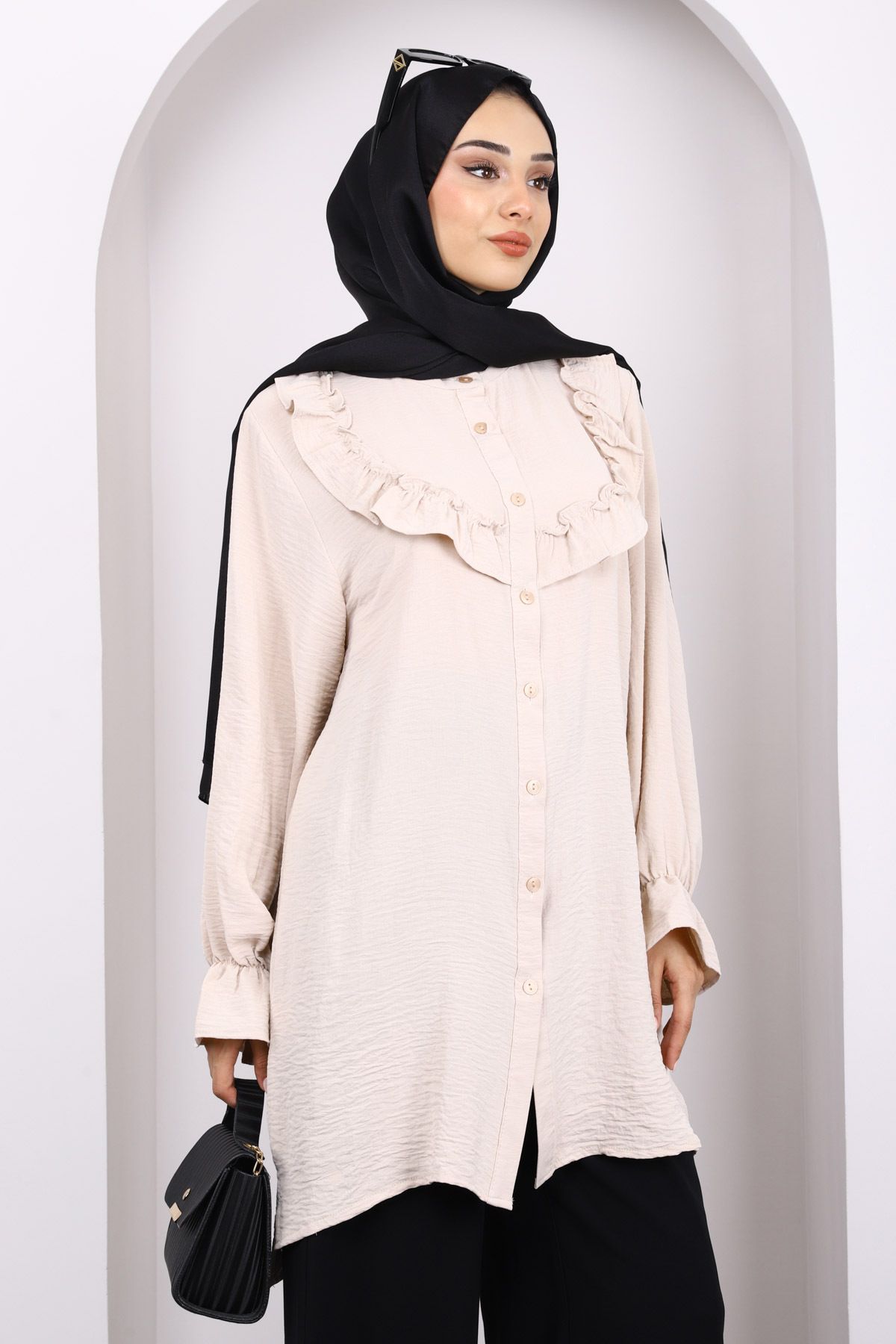İmajButik-Beige Ruffled Front Ayrobin Tunic 3