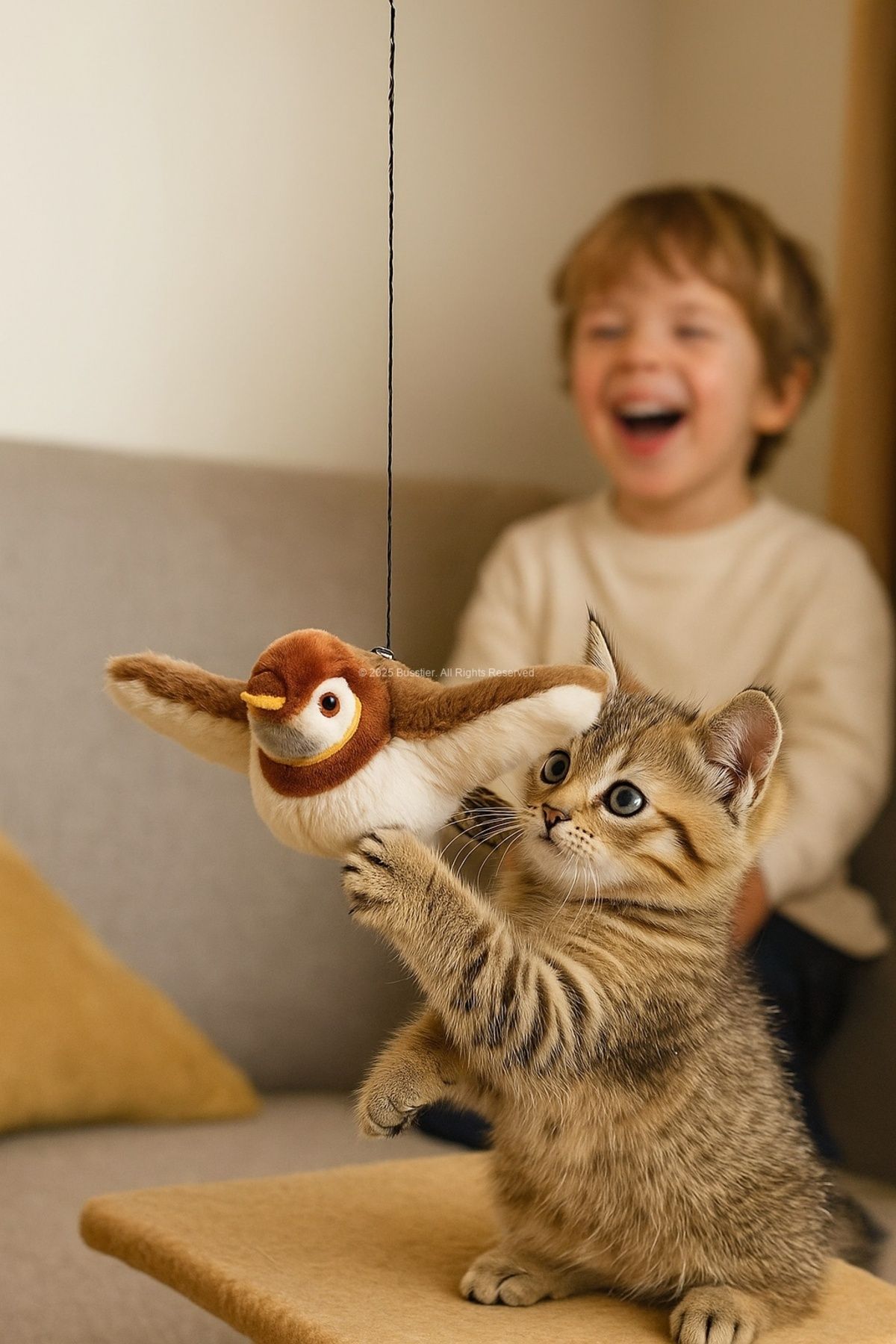 Busstier-Touch Sound Flapping Wings Hangable Plush Bird Cat Toy Movable Interactive 5