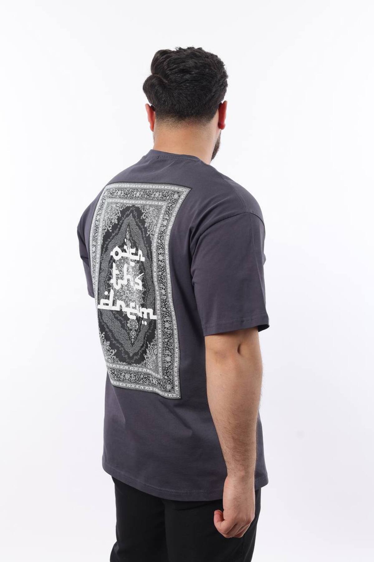 STOCX-Men's Oversized T-Shirt -'Open This Dream' Text and Carpet Pattern Back Print 3