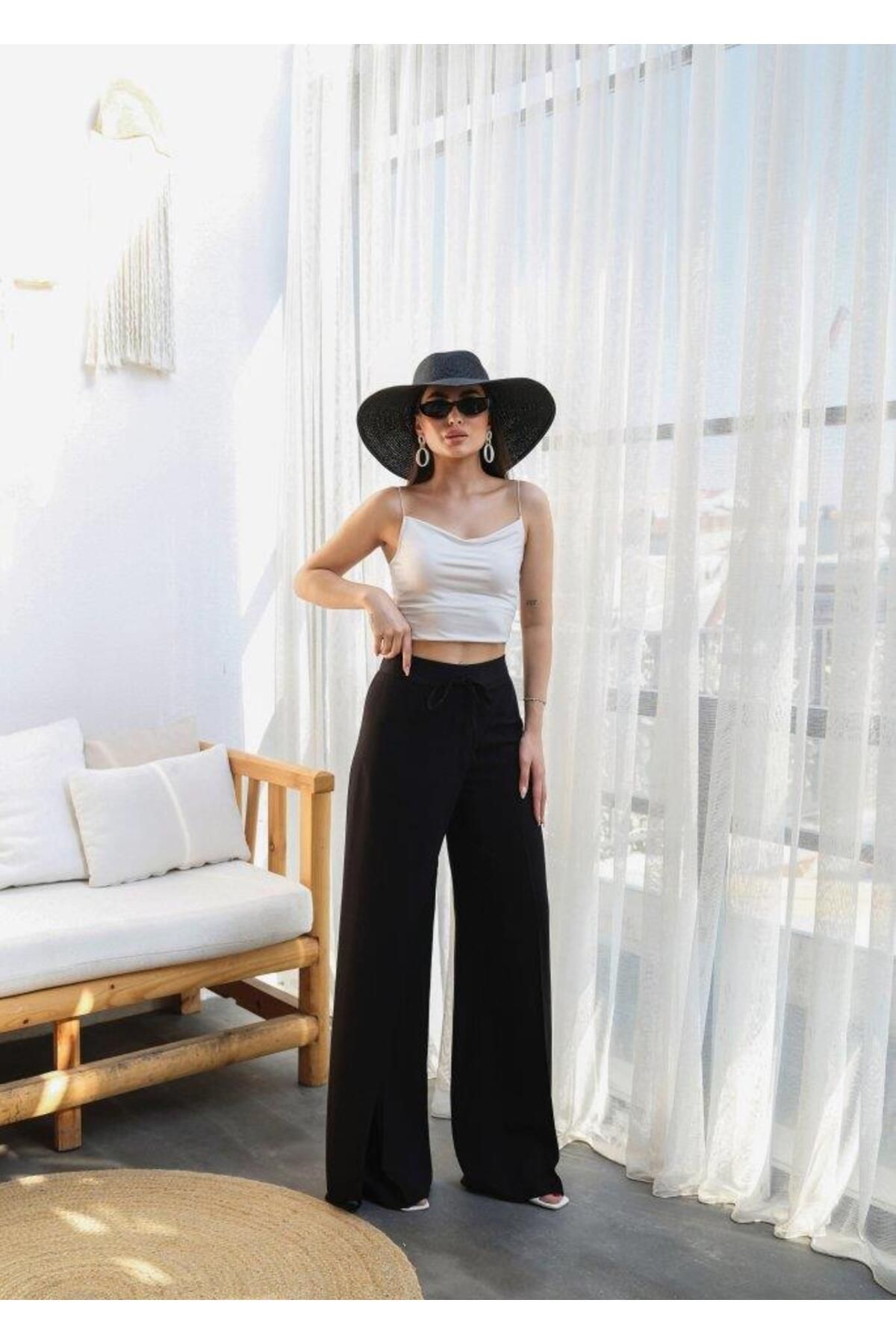modamtn-Linen Wide Leg Trousers with Cross Piece Elastic and Lacing on the Front 4