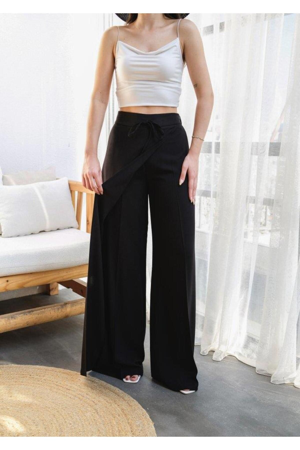 modamtn-Linen Wide Leg Trousers with Cross Piece Elastic and Lacing on the Front 3