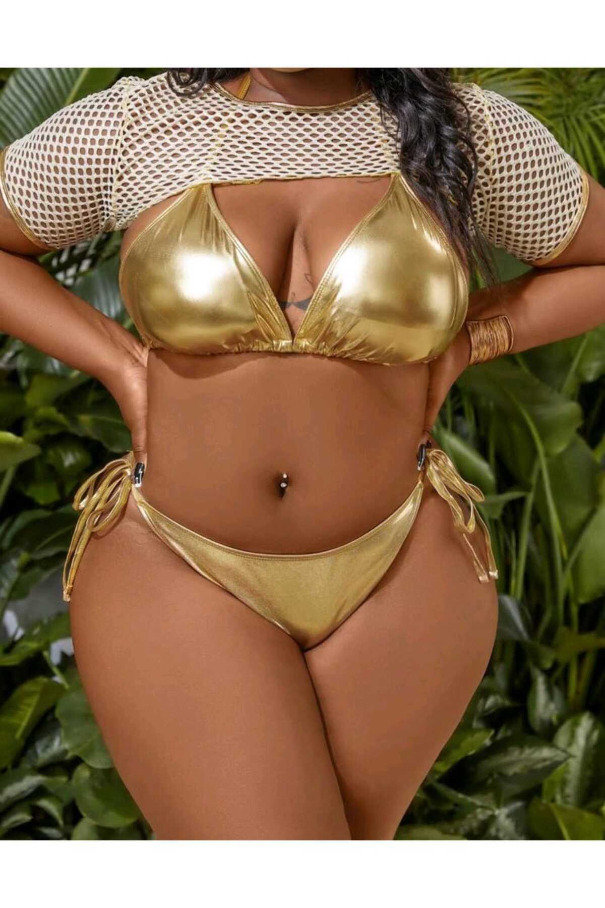Veille Büyük Beden Altın Rengi Parlak Bikini Takımı Toparlayıcı Seksi