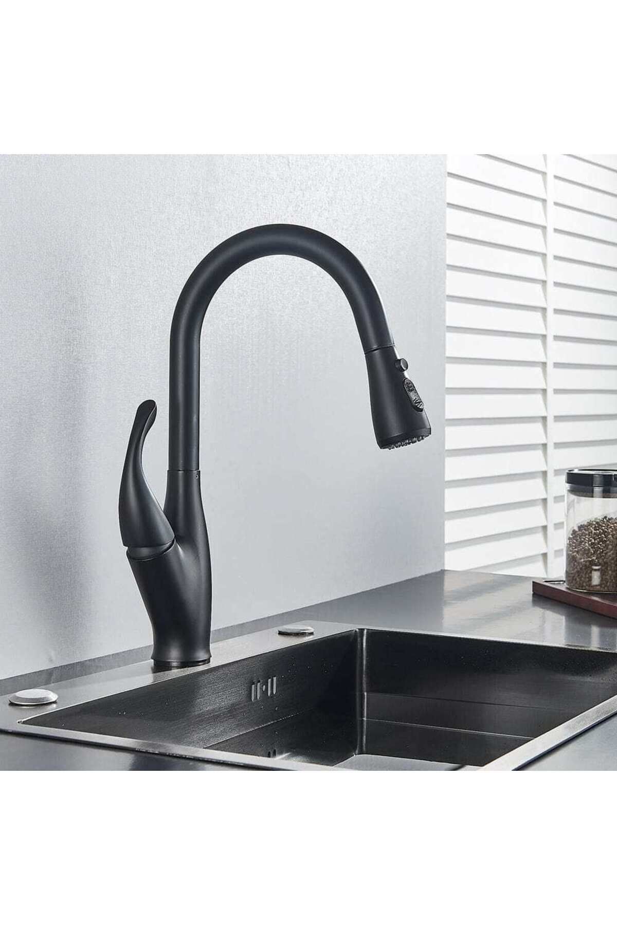 CasaVie-Kochen Matte kitchen faucet, matte black, with 2 flow functions and pull-out shower, code 1382 1
