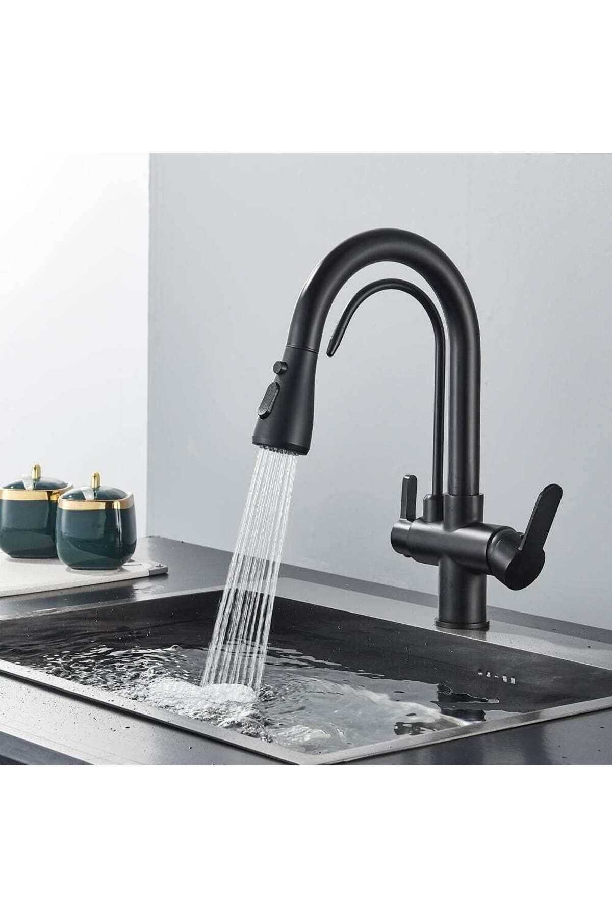CasaVie-3-way kitchen faucet, matte black, with 2 flow functions and pull-out shower, code 1381 7