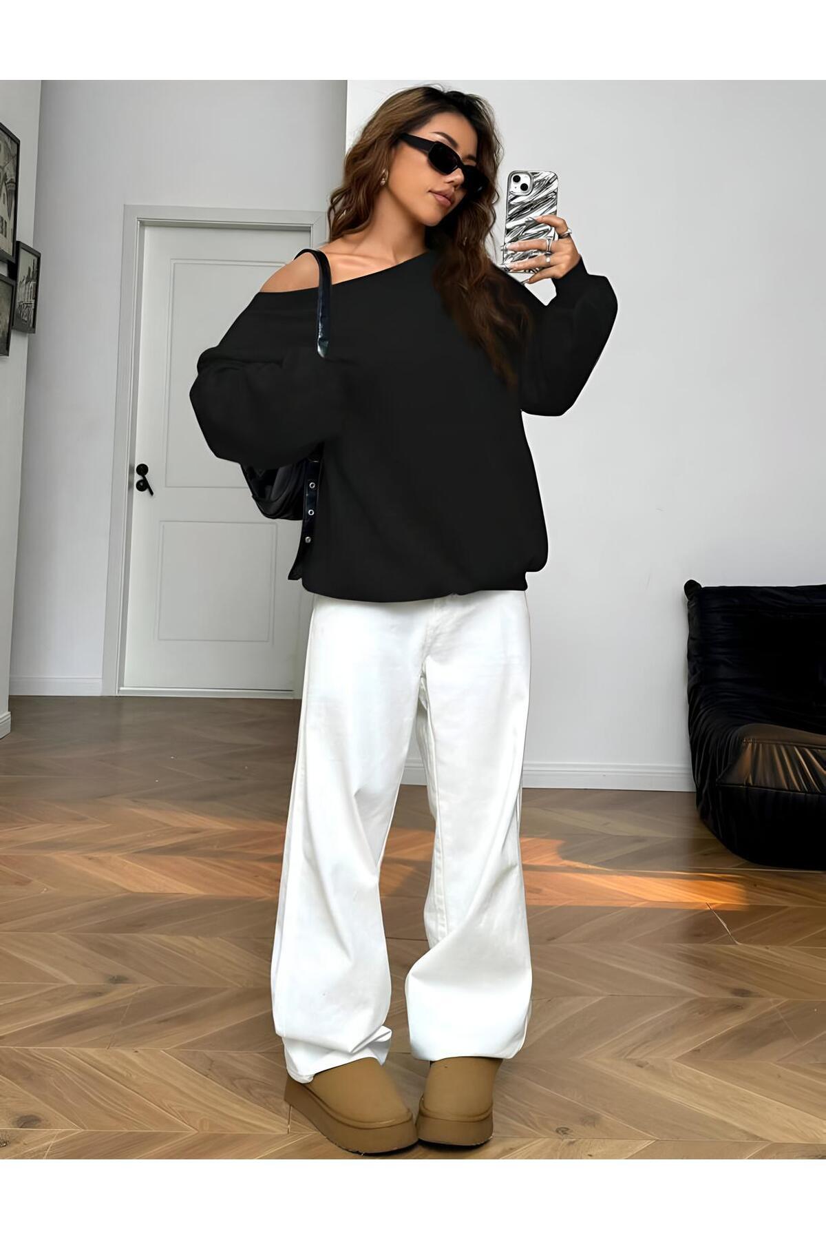 trendgar Φούτερ γυναικείο μαύρο φαρδύ με ασύμμετρο γιακά