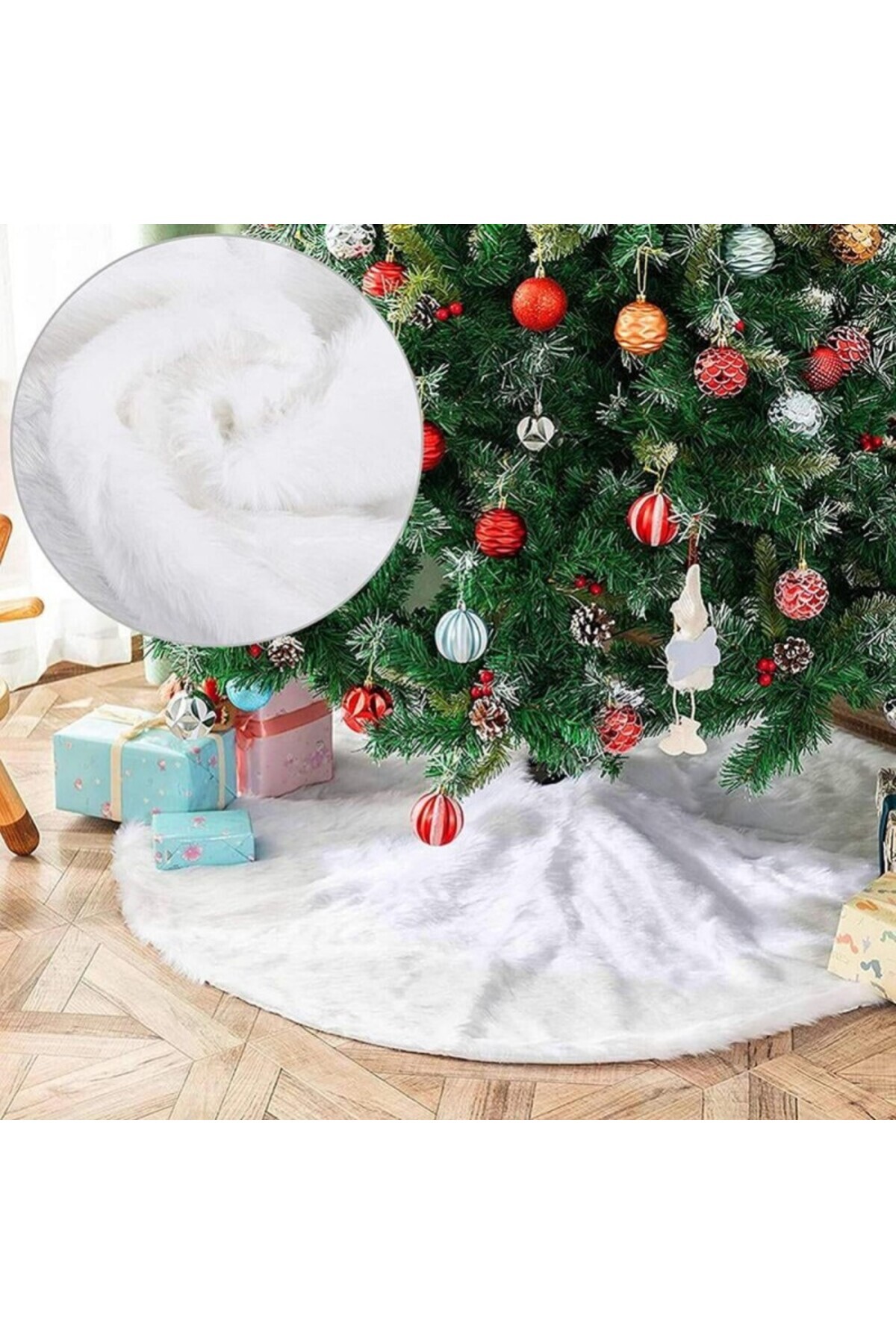 PROCART Fustă de covor din blană albă pentru brad de Crăciun, diametru 120 cm, pufoasă, aspect de zăpadă