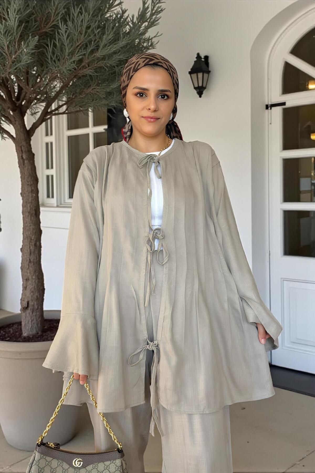Aselim Hijap Moda-Comfortable Raw Linen Double Set - Pleated Wide Sleeve Tunic Set Mink 1
