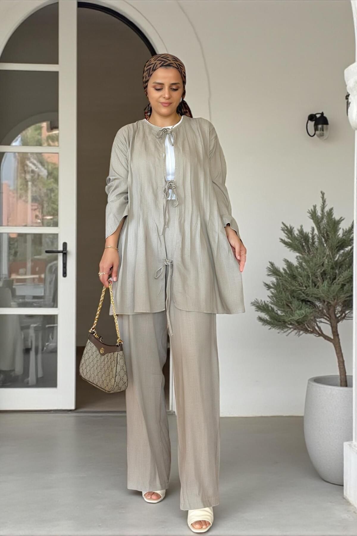 Aselim Hijap Moda-Comfortable Raw Linen Double Set - Pleated Wide Sleeve Tunic Set Mink 4
