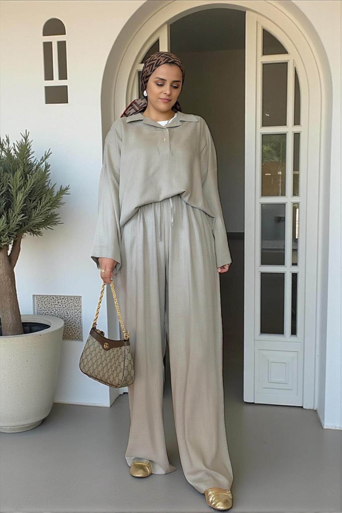 Aselim Hijap Moda-100% Raw Linen Kimono Sleeve Double Set - Mink with Straw Belt 5