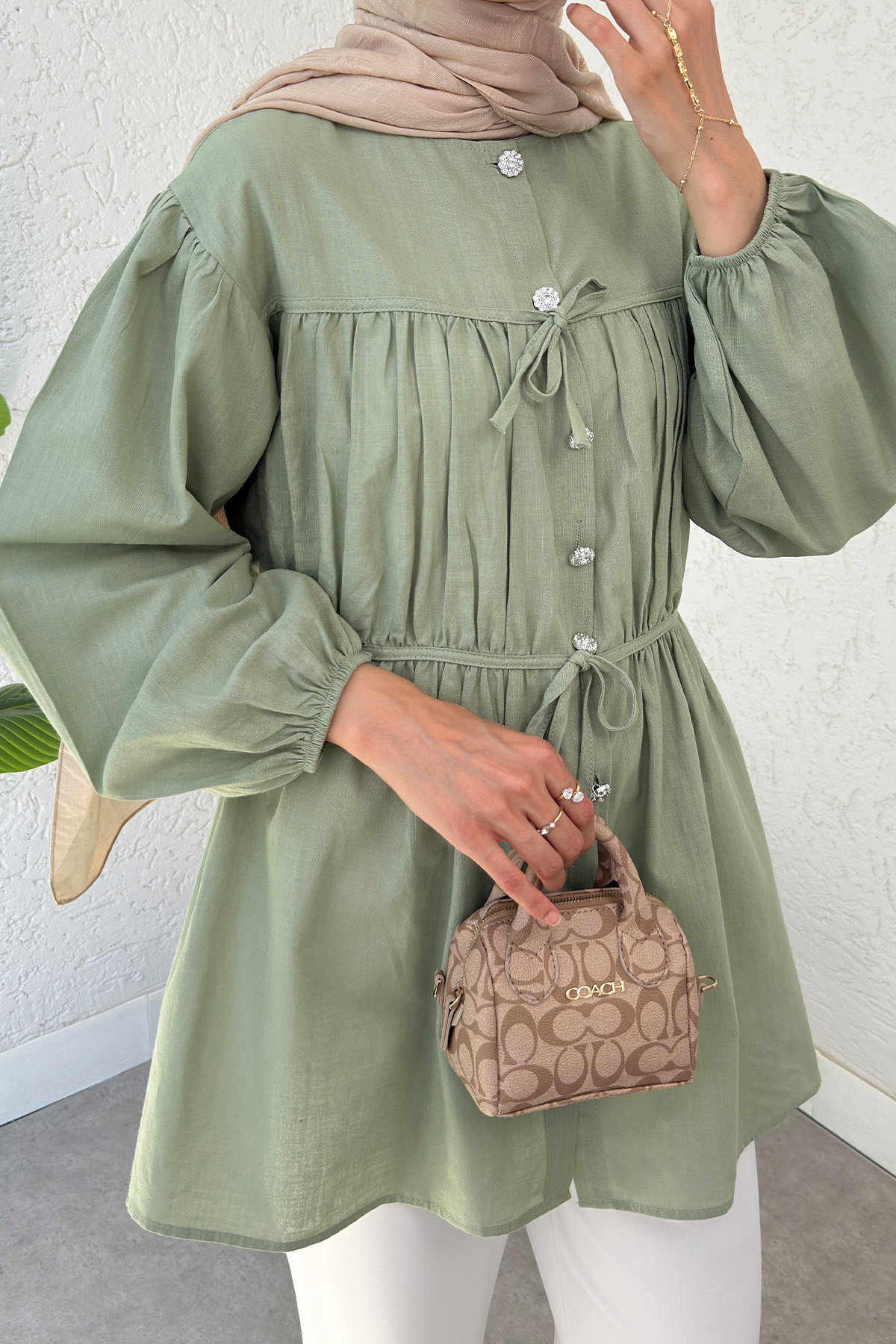 Salih Çelebi-Drawstring Detailed Lace-Up Tunic 2366 - Khaki 3