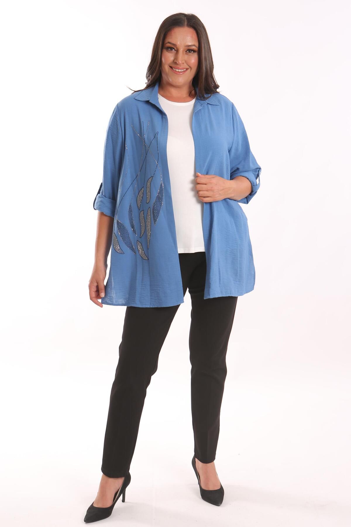 SERTUĞ-Tren42Plus Large Size Epaulettes Stone Printed Indigo Double Suit 4