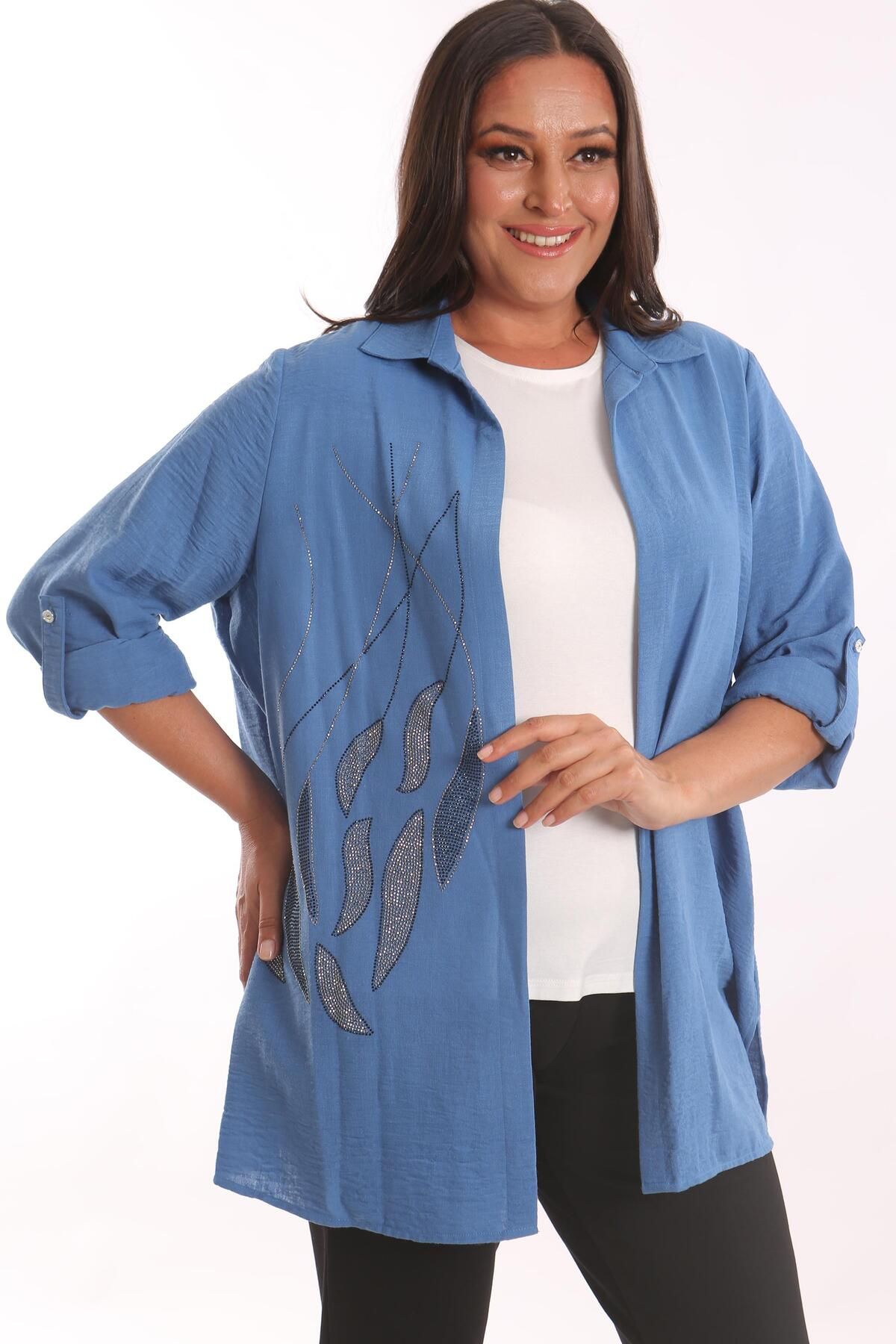 SERTUĞ-Tren42Plus Large Size Epaulettes Stone Printed Indigo Double Suit 3