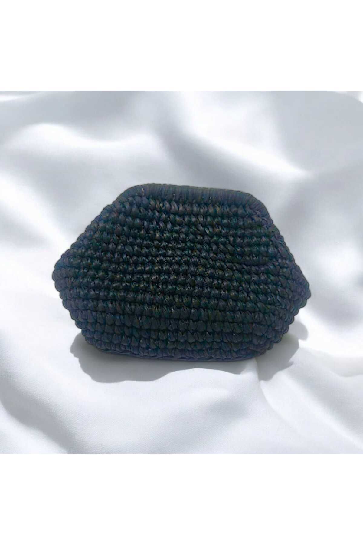SONİKON LİNE-Black Leather Hand Knitted Clutch Bag with String, Straw Model Lightweight and Stylish Design for Wedding Invitation Handmade 4