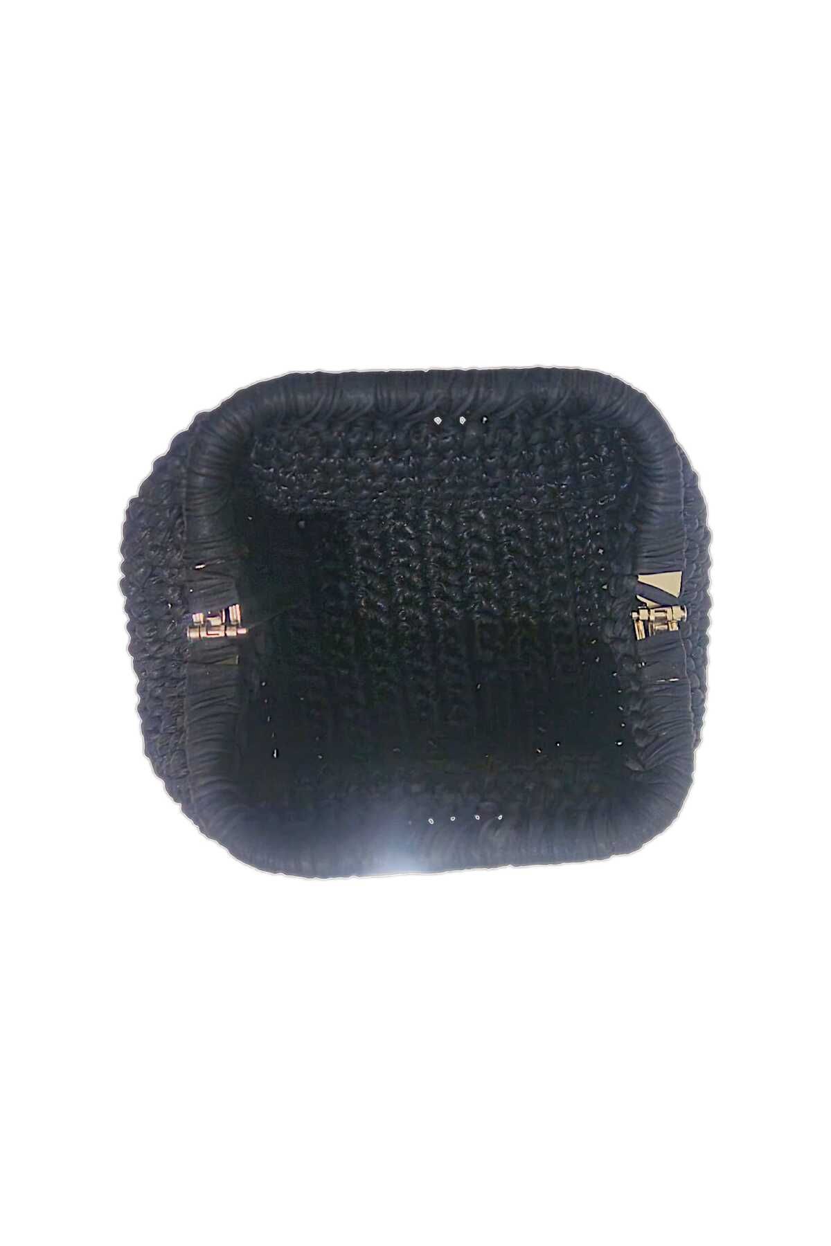 SONİKON LİNE-Black Leather Hand Knitted Clutch Bag with String, Straw Model Lightweight and Stylish Design for Wedding Invitation Handmade 6