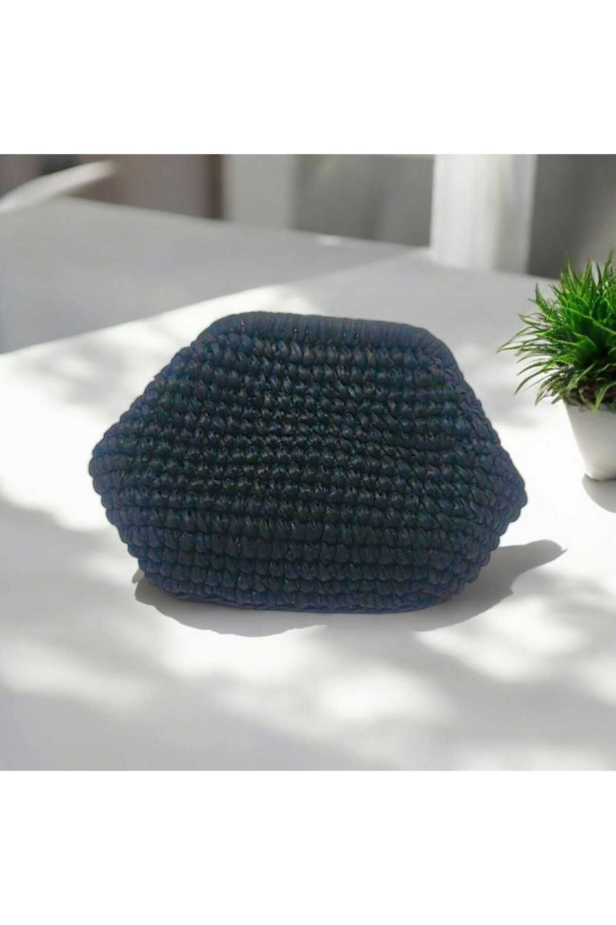 SONİKON LİNE-Black Leather Hand Knitted Clutch Bag with String, Straw Model Lightweight and Stylish Design for Wedding Invitation Handmade 3