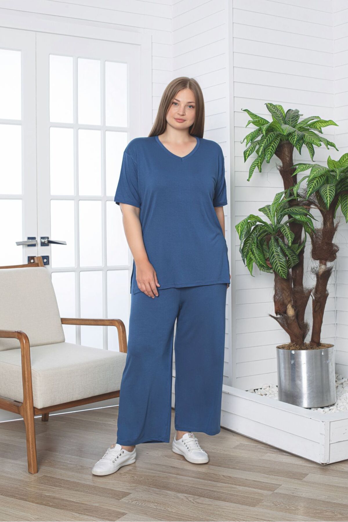 Asel-Large Size Lycra Combed Cotton Fabric Side Slit 2-Piece Stylish Tunic Bottom-Top Set 1