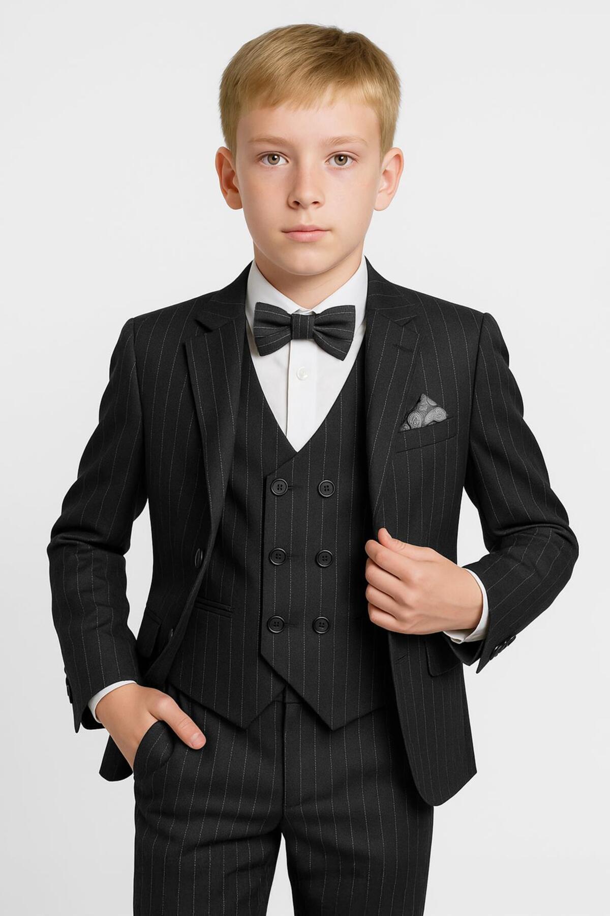  کت و شلوار کلاسیک راه راه پسرانه - مشکی و سرمه‌ای - ۵ تکه