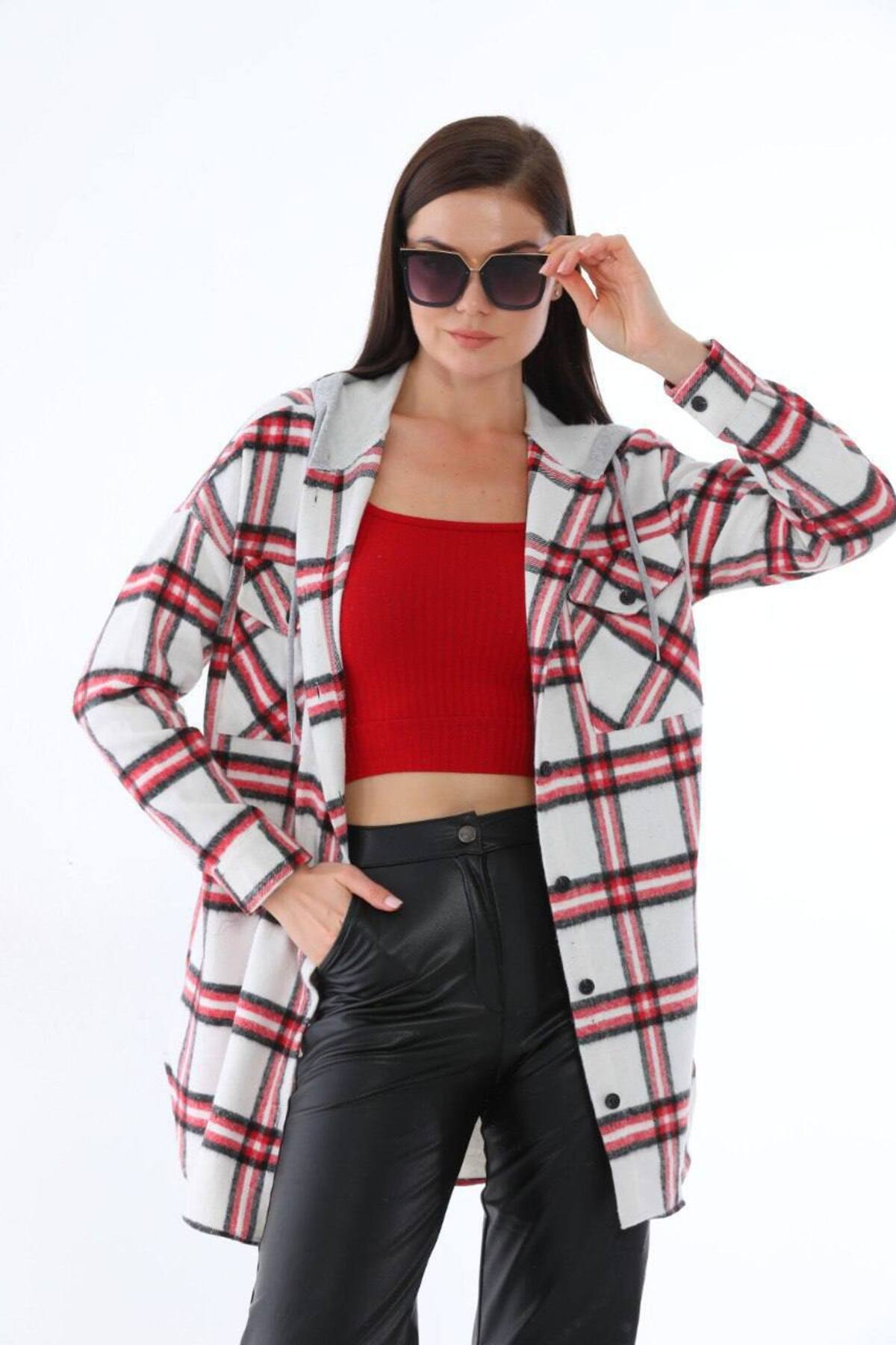 Polologin Butik Kırmızı Beyaz Kareli İki İplik Kapşonlu Ekoseli Oduncu Kışlık Gömlek