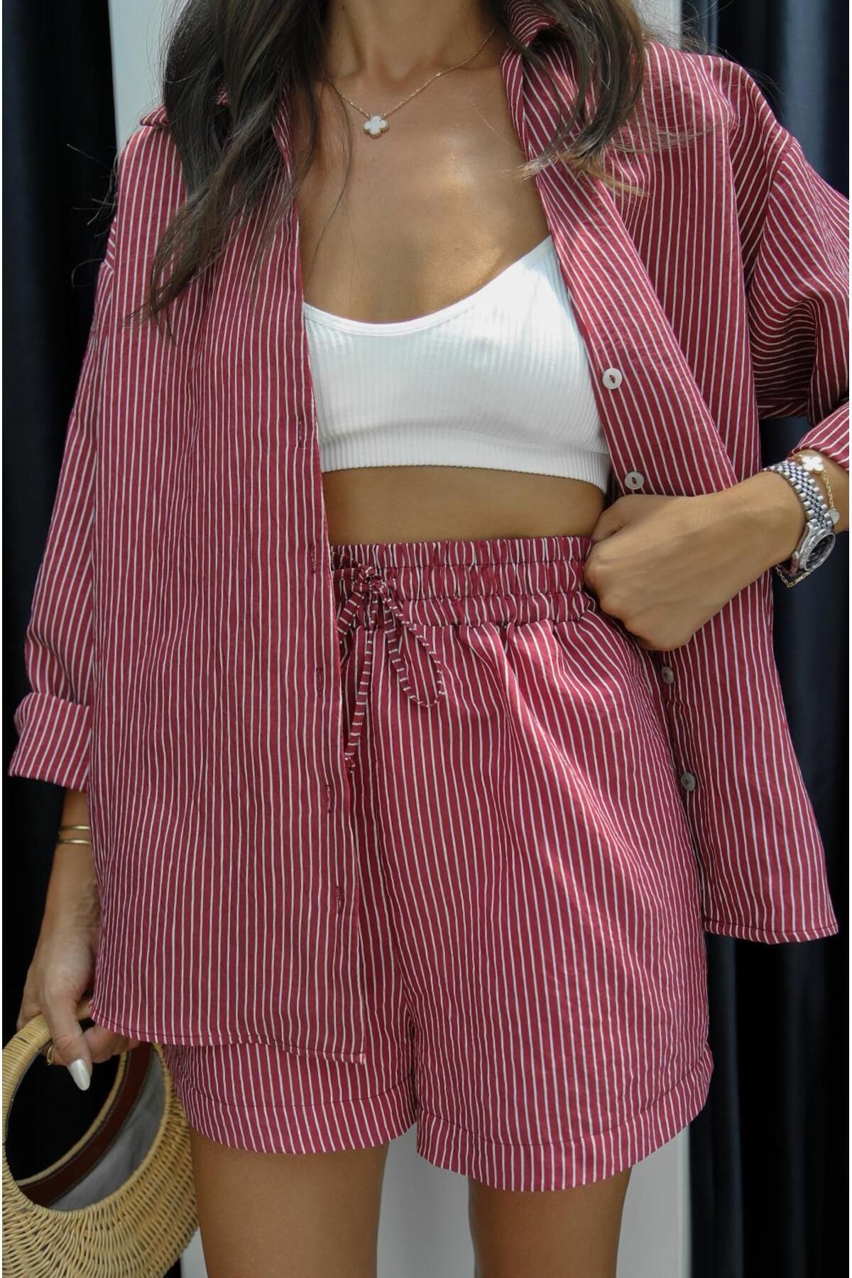 Havoş-Burgundy Striped Shirt Shorts Set 4