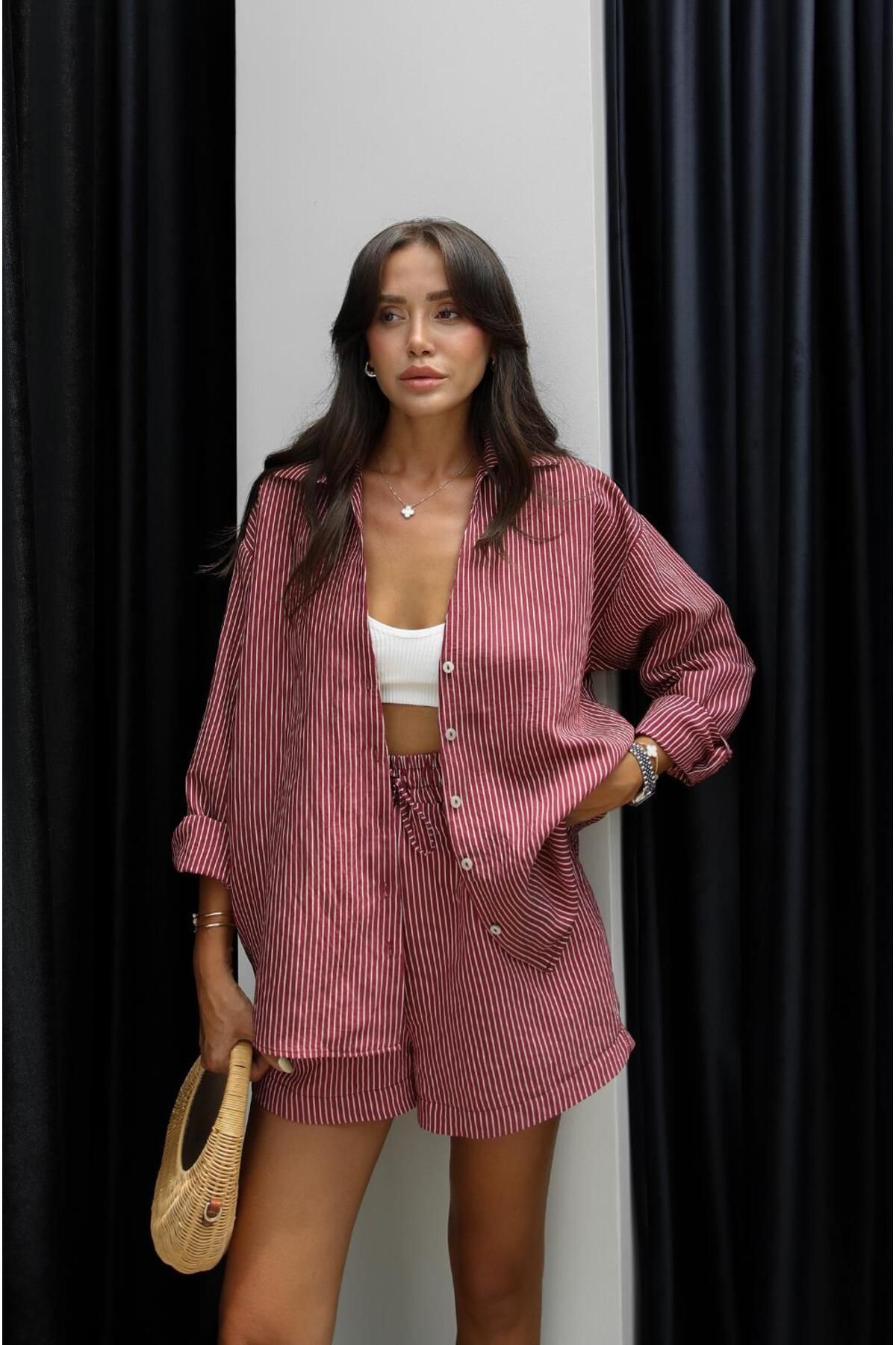 Havoş-Burgundy Striped Shirt Shorts Set 5