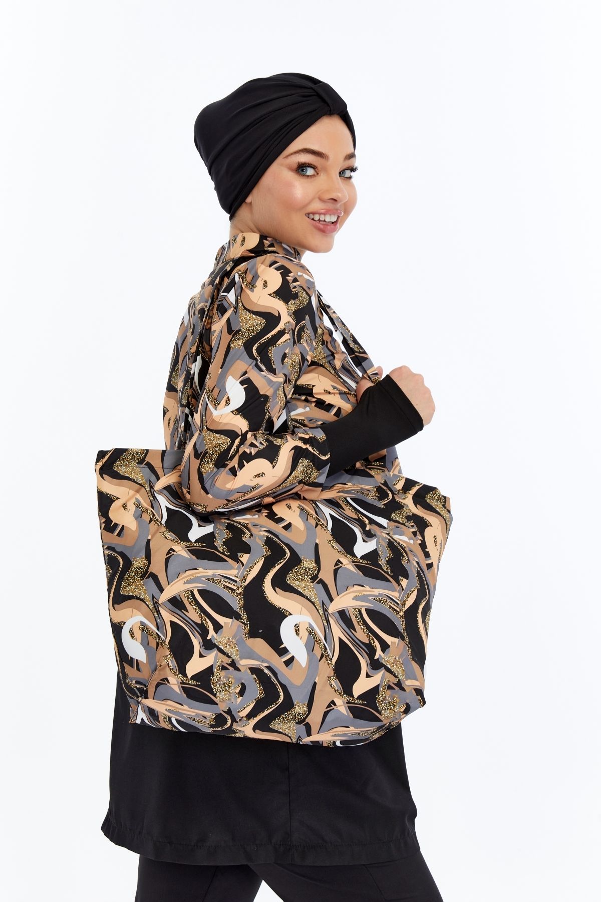 Modabenna-Hijab Swimsuit Set of 3 Patterned Fully Covered Adjustable Elastic Waist Zippered Parachute 3