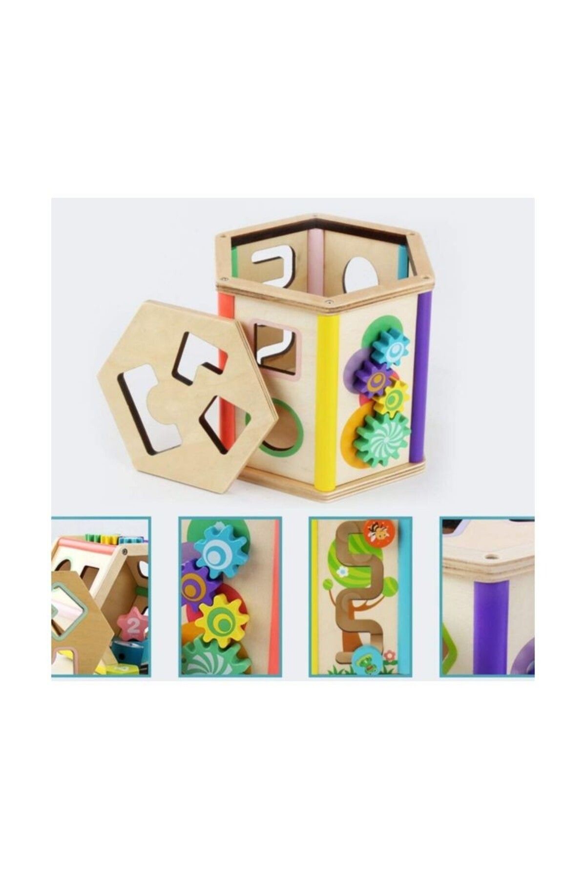 idei-Multifunctional toy, geometric shapes and numbers sorter, maze, 11 pieces, wood 4