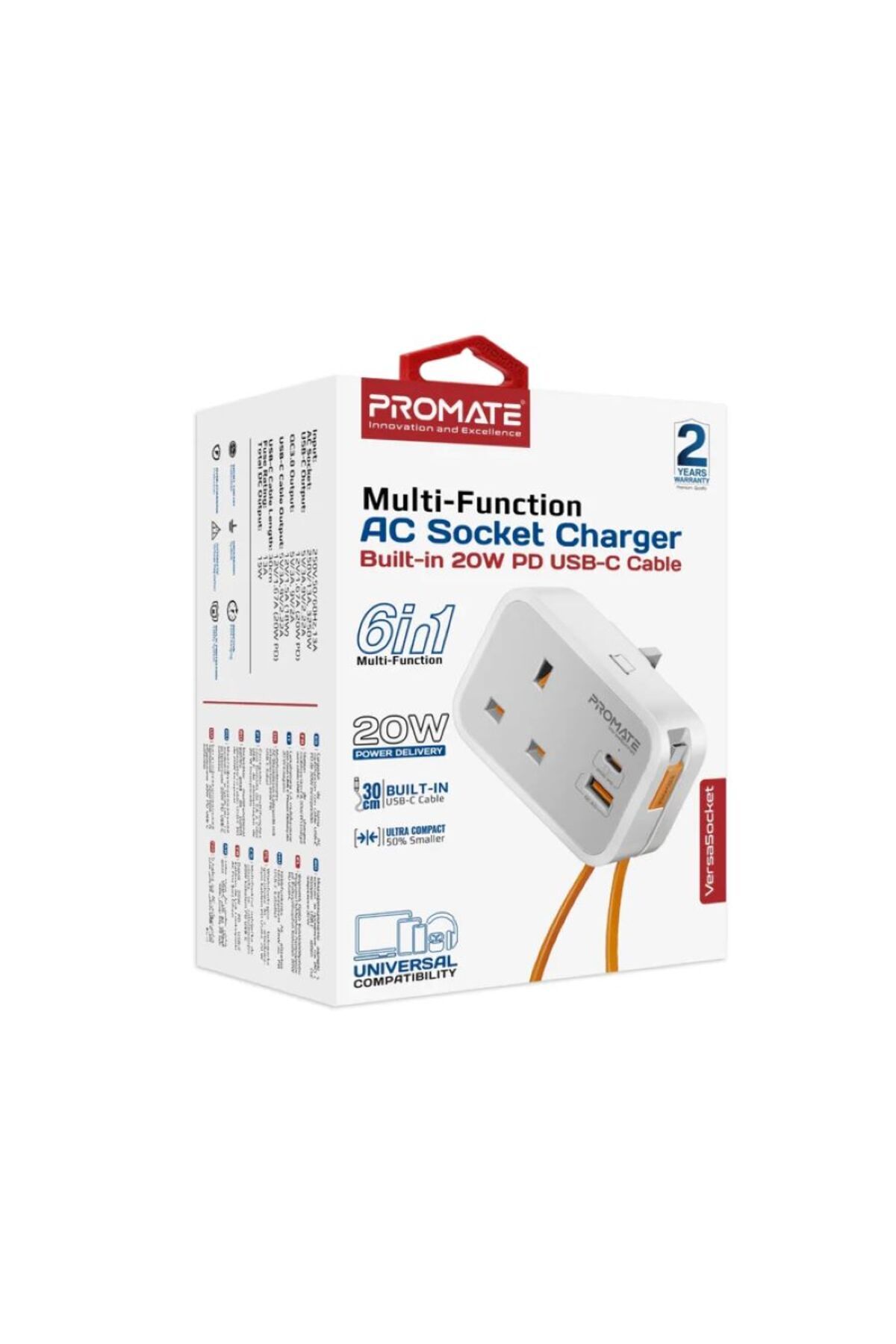 Promate-Multi-Function AC Socket Charger with Built-In 20W PD USB-C Cable 2