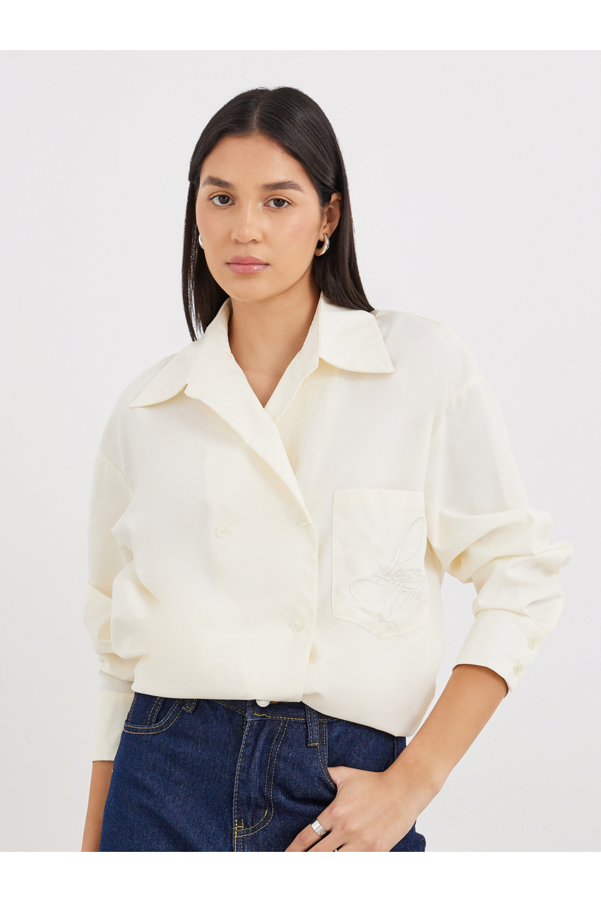 Styli Cream Oversized Longline Shirt with Pocket