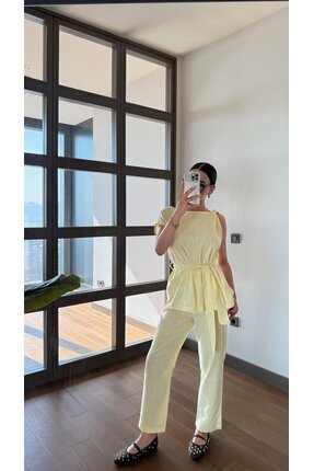 Eliz design Sarı Omuz Burmalı Bluz Pantolon Takım