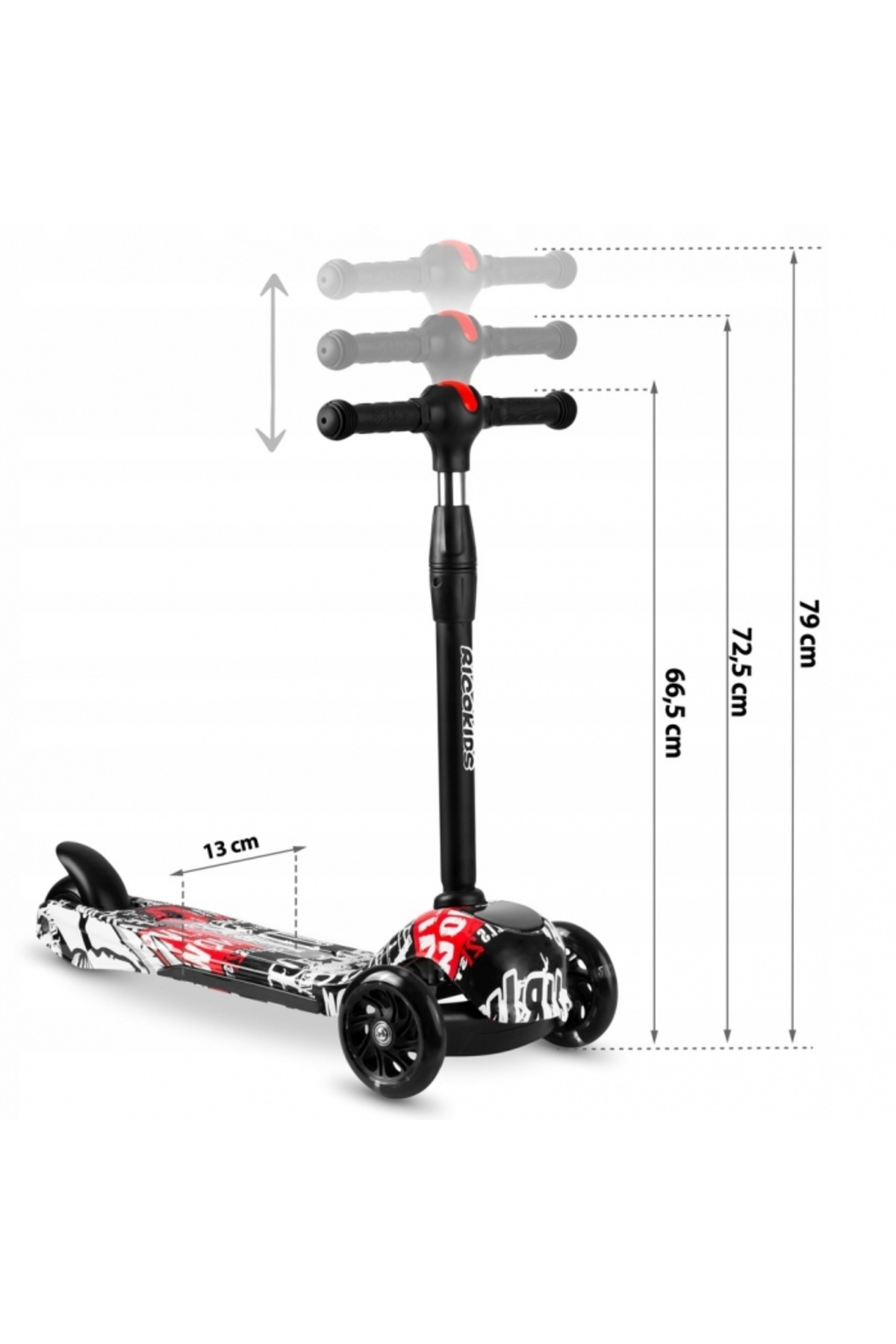 Ricokids-Piko Black/White/Red Children's Scooter with Adjustable Handlebar Height, Wheels with LED Lights, as 6
