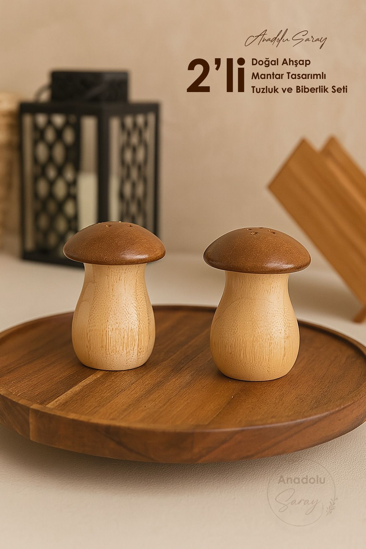 Anadolu Saray-Set of 2 Natural Wooden Cork Design Salt and Pepper Shakers |   Spice Rack with Stylish Presentation Mushroom Design 2