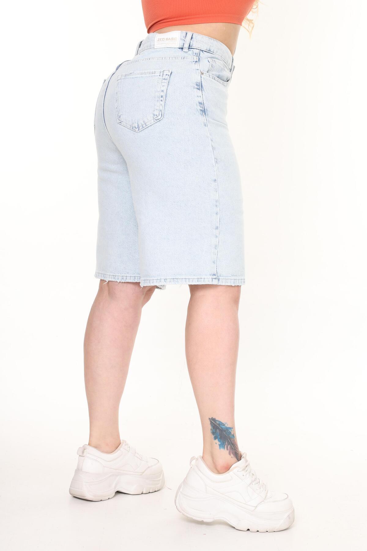 Zeo Basic-Women's Large Size Lycra Long Bermuda Jeans Shorts Midi Size Ice Blue 7