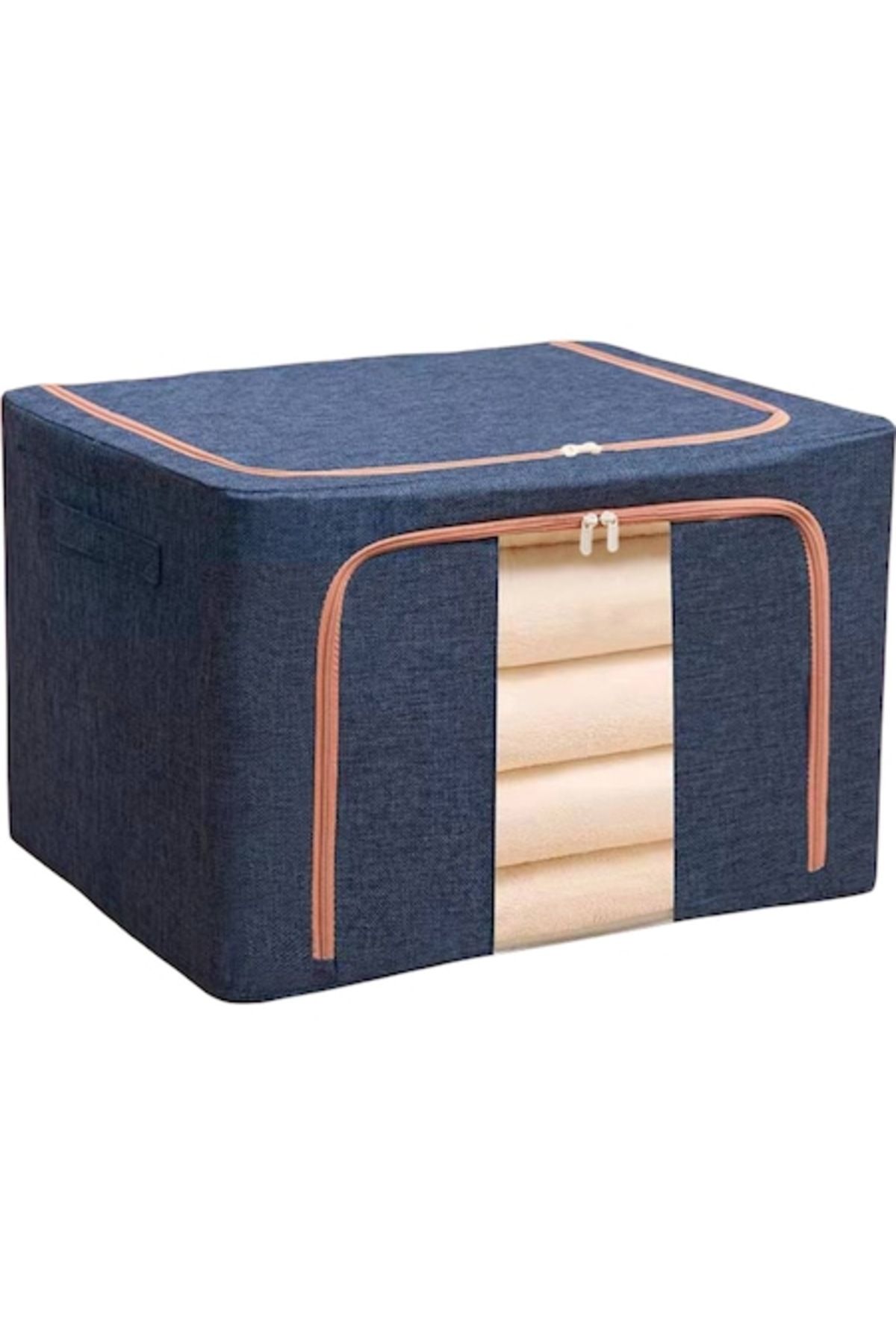 Royal-Foldable Storage Box, With Zipper, 100 L, Textile, 60x42x40 cm, Metallic Frame, Stable Base, Navy Bl 1
