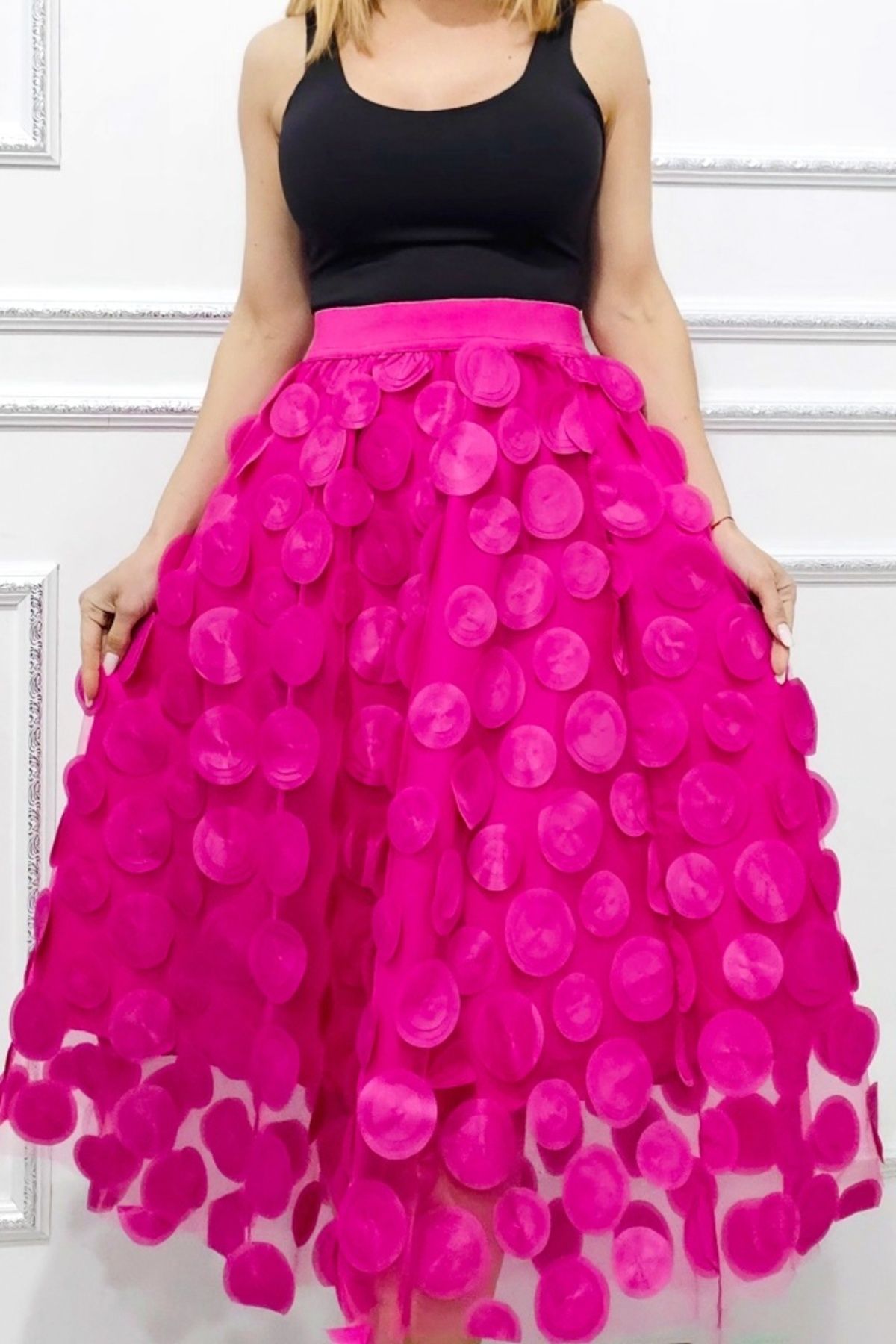 FashionForYou-Zefira Occasion Skirt, with tulle, satin applications and 3D polka dots, Fuchsia, Size S/M 3